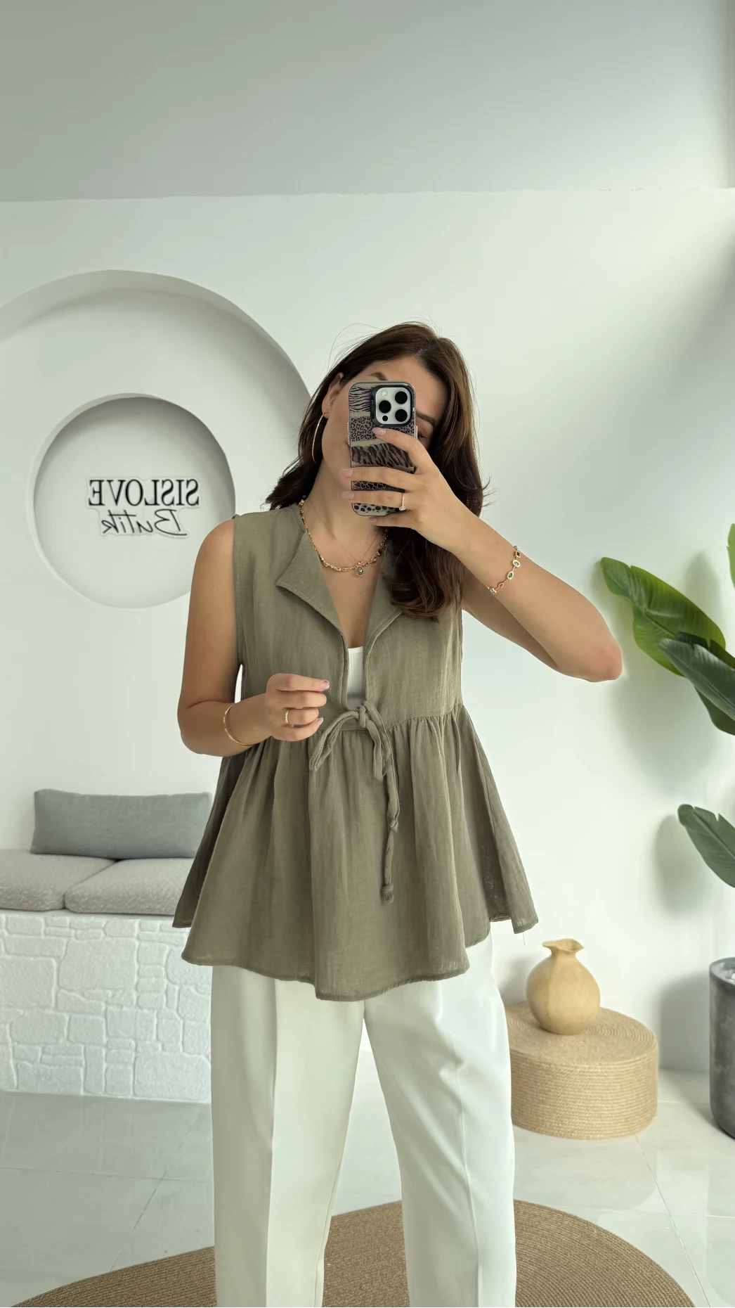 V Yaka Bağcıklı Bluz-1012-Haki