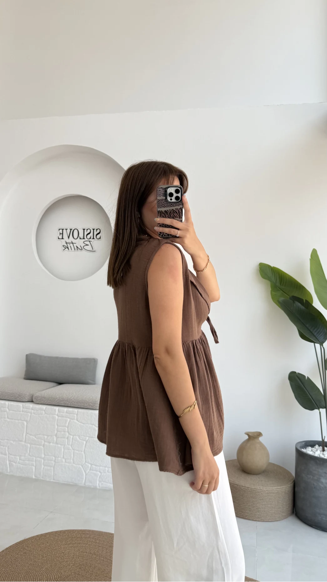 V Yaka Bağcıklı Bluz-1012-Kahverengi