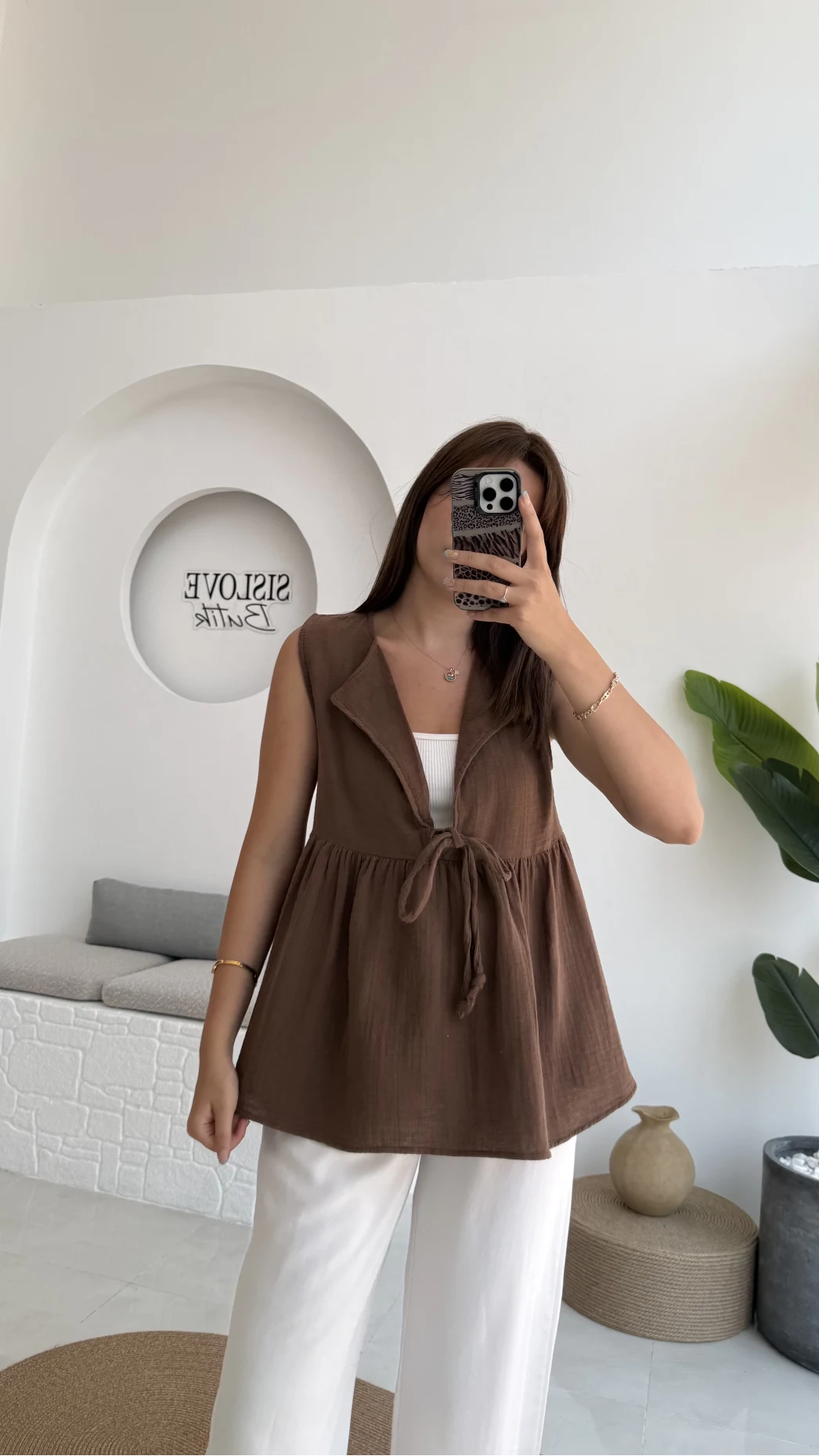 V Yaka Bağcıklı Bluz-1012-Kahverengi