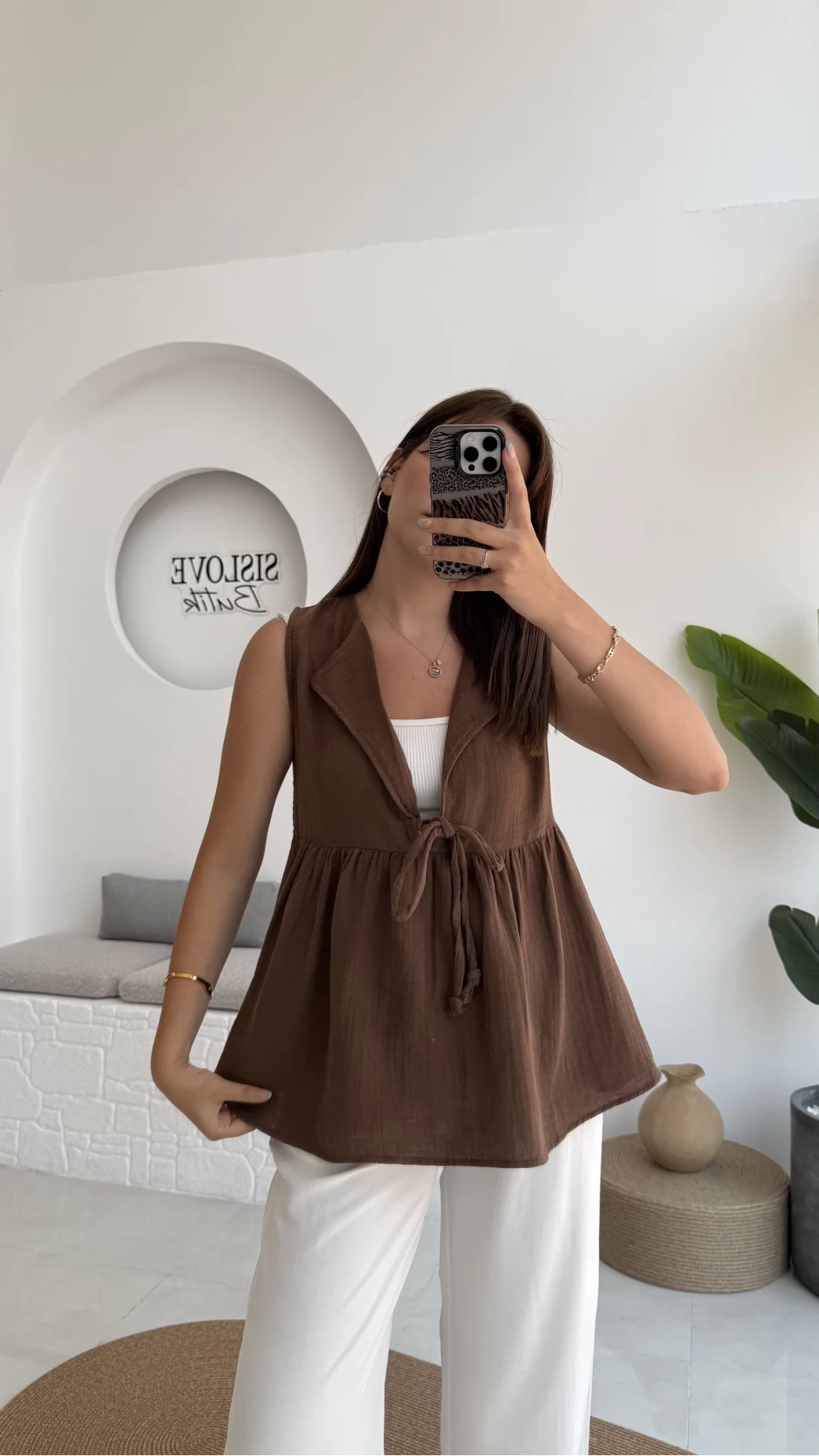 V Yaka Bağcıklı Bluz-1012-Kahverengi