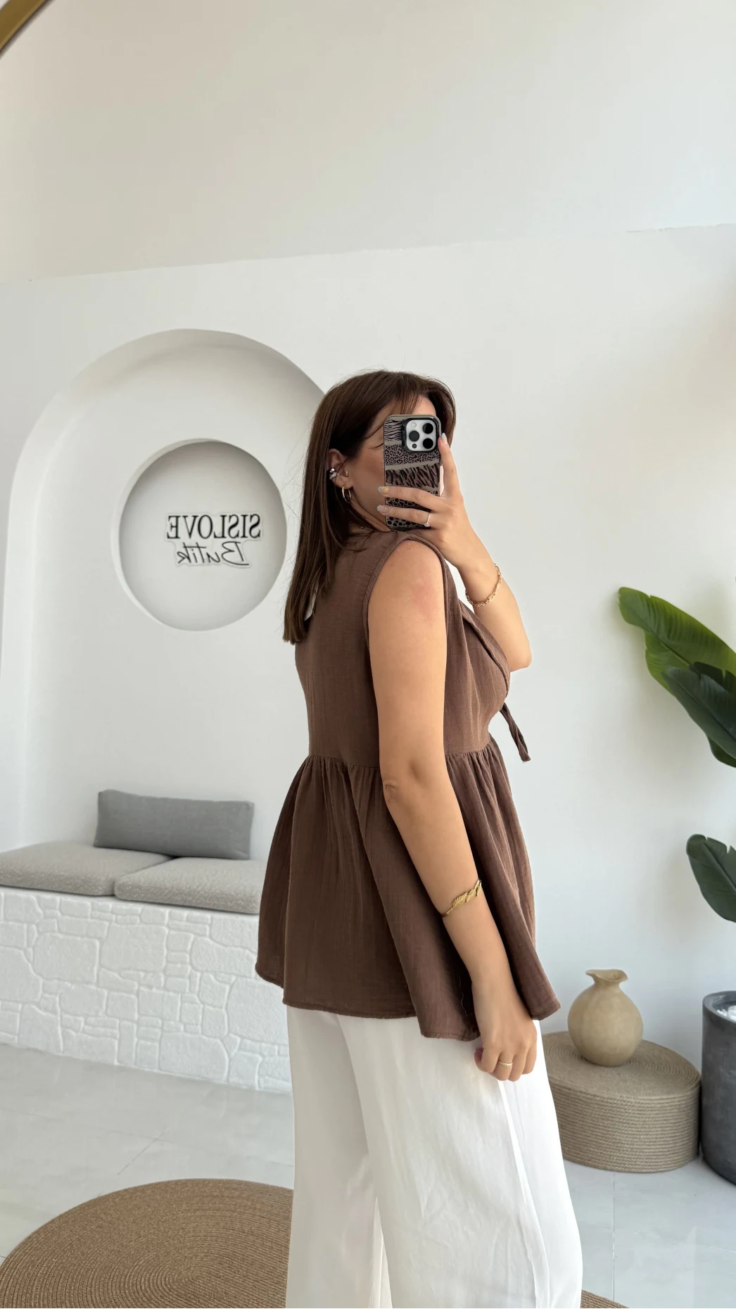 V Yaka Bağcıklı Bluz-1012-Kahverengi