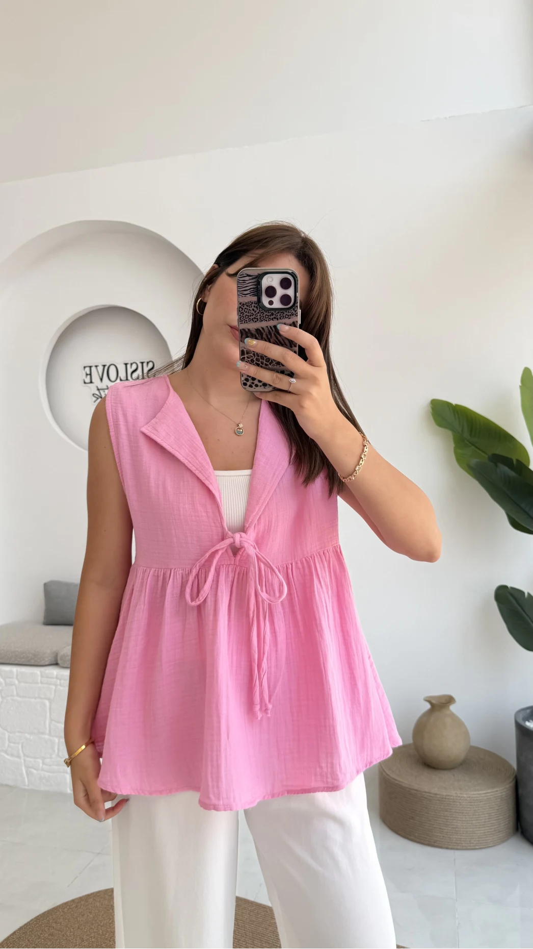 V Yaka Bağcıklı Bluz-1012-Şeker Pembesi