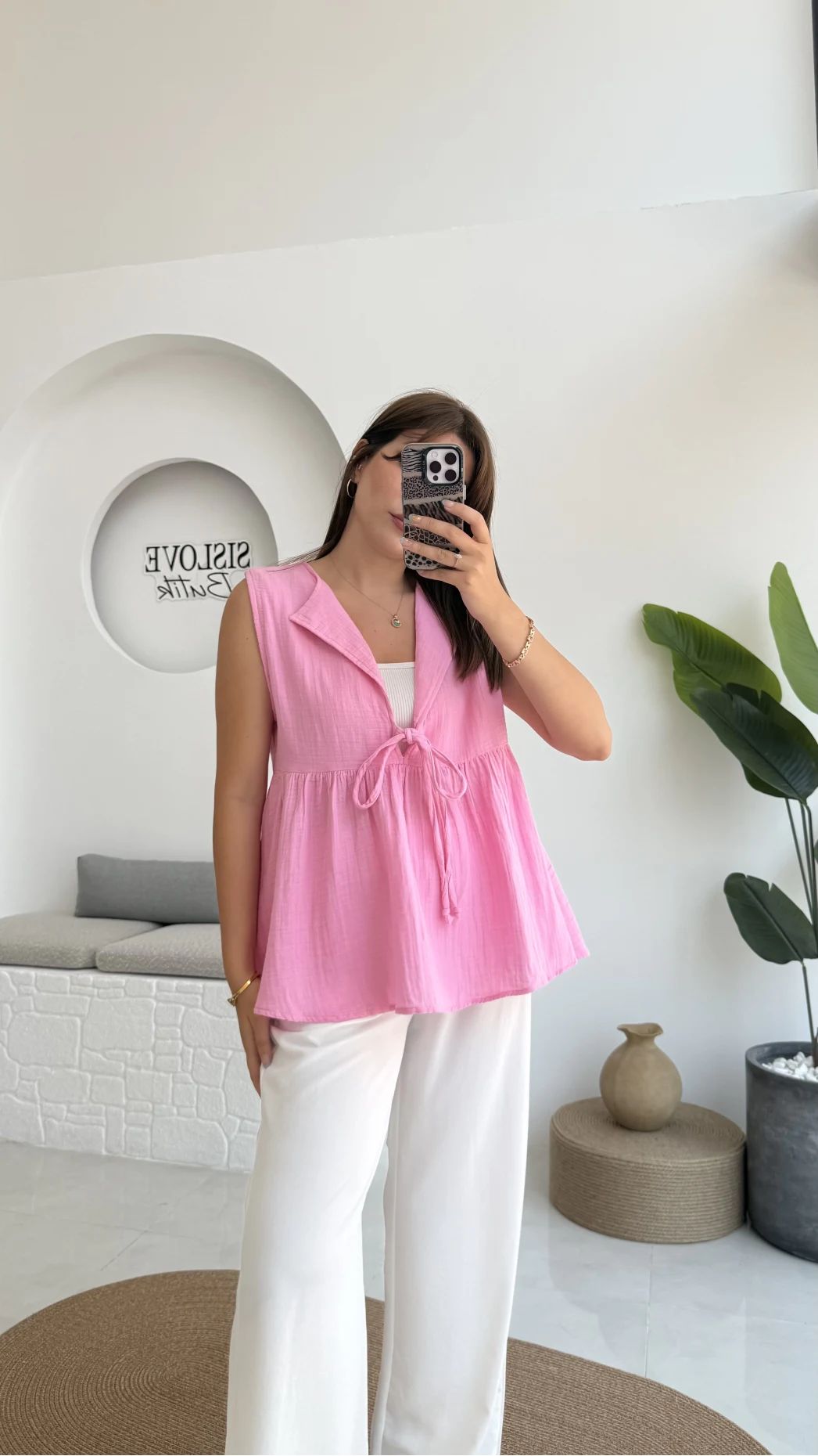 V Yaka Bağcıklı Bluz-1012-Şeker Pembesi