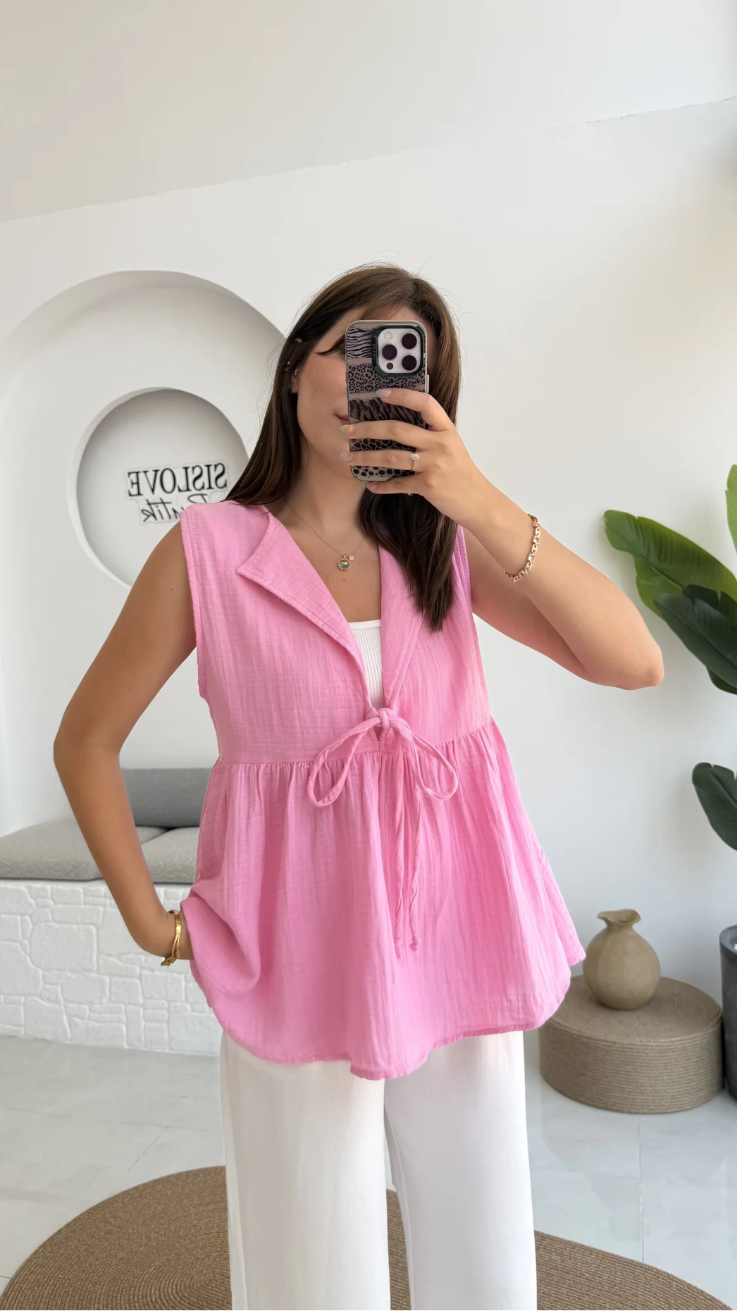 V Yaka Bağcıklı Bluz-1012-Şeker Pembesi