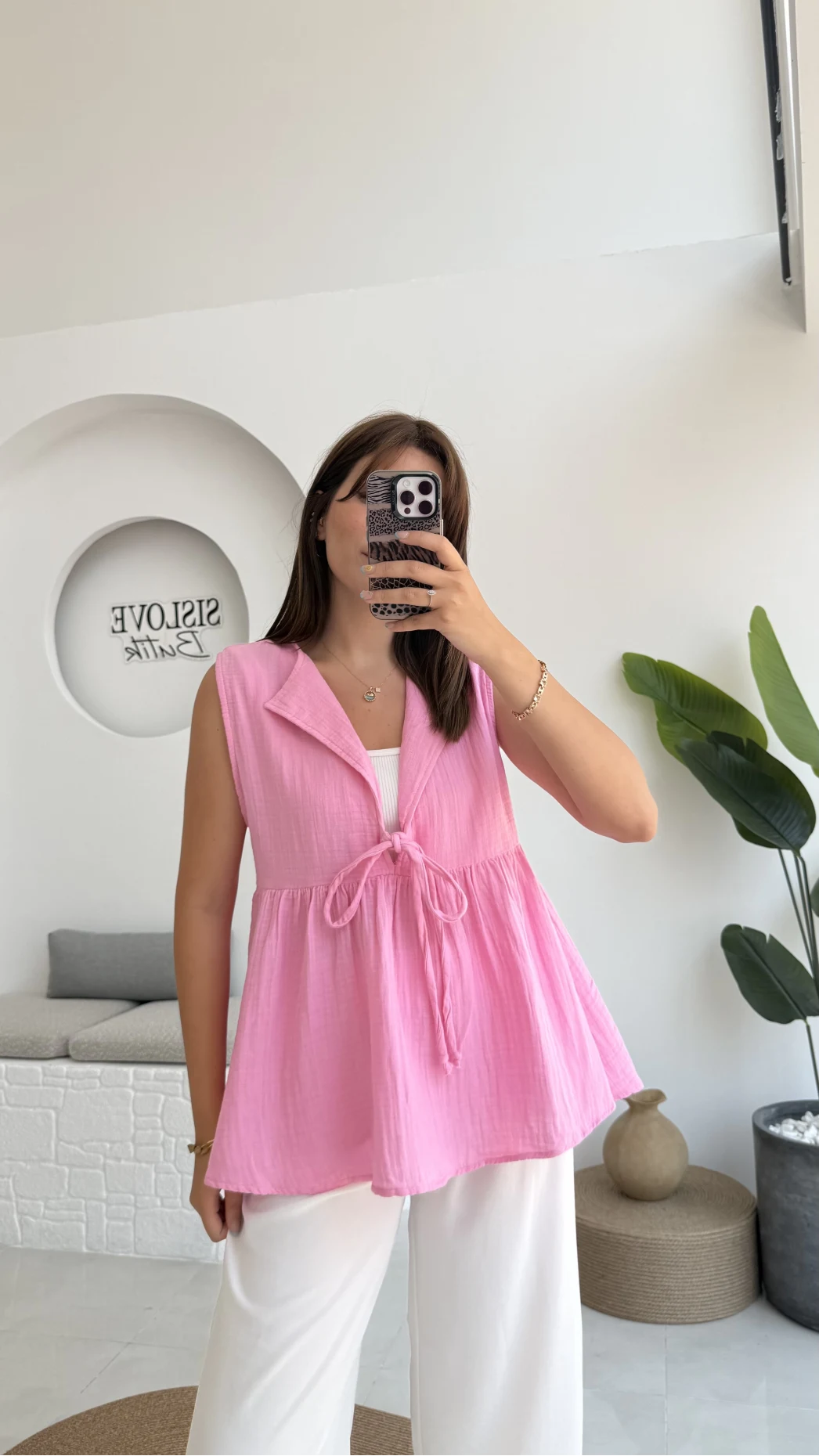 V Yaka Bağcıklı Bluz-1012-Şeker Pembesi