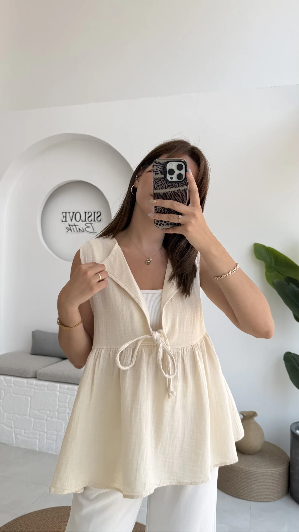 V Yaka Bağcıklı Bluz-1012-Taş