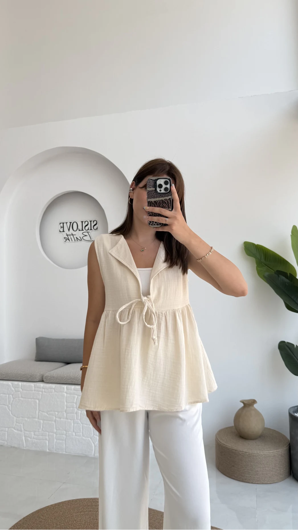 V Yaka Bağcıklı Bluz-1012-Taş