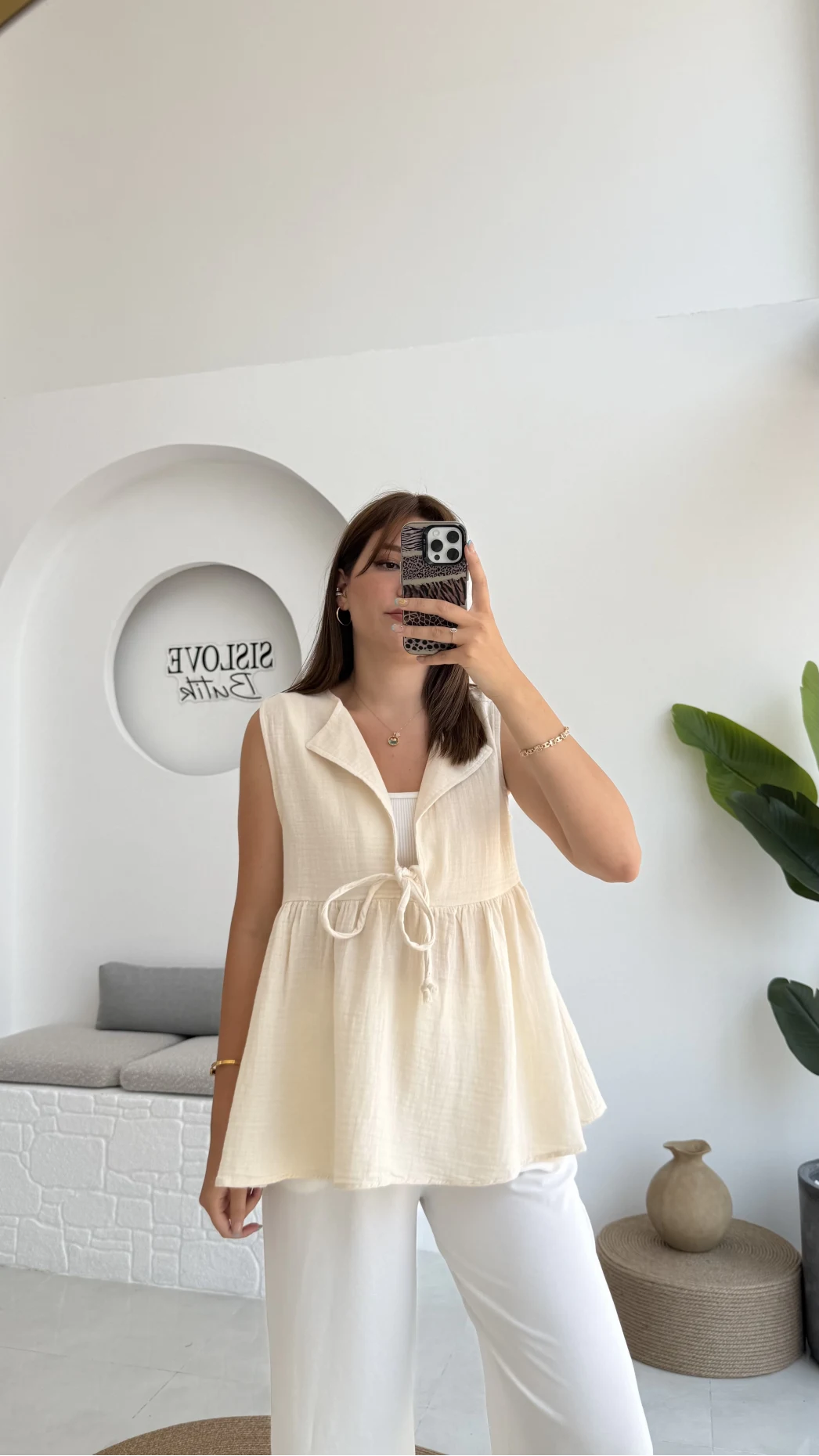 V Yaka Bağcıklı Bluz-1012-Taş