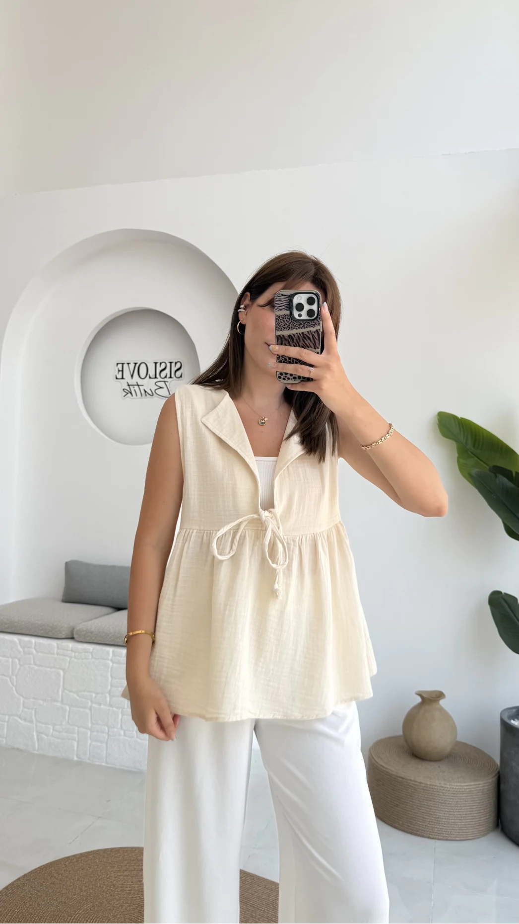 V Yaka Bağcıklı Bluz-1012-Taş