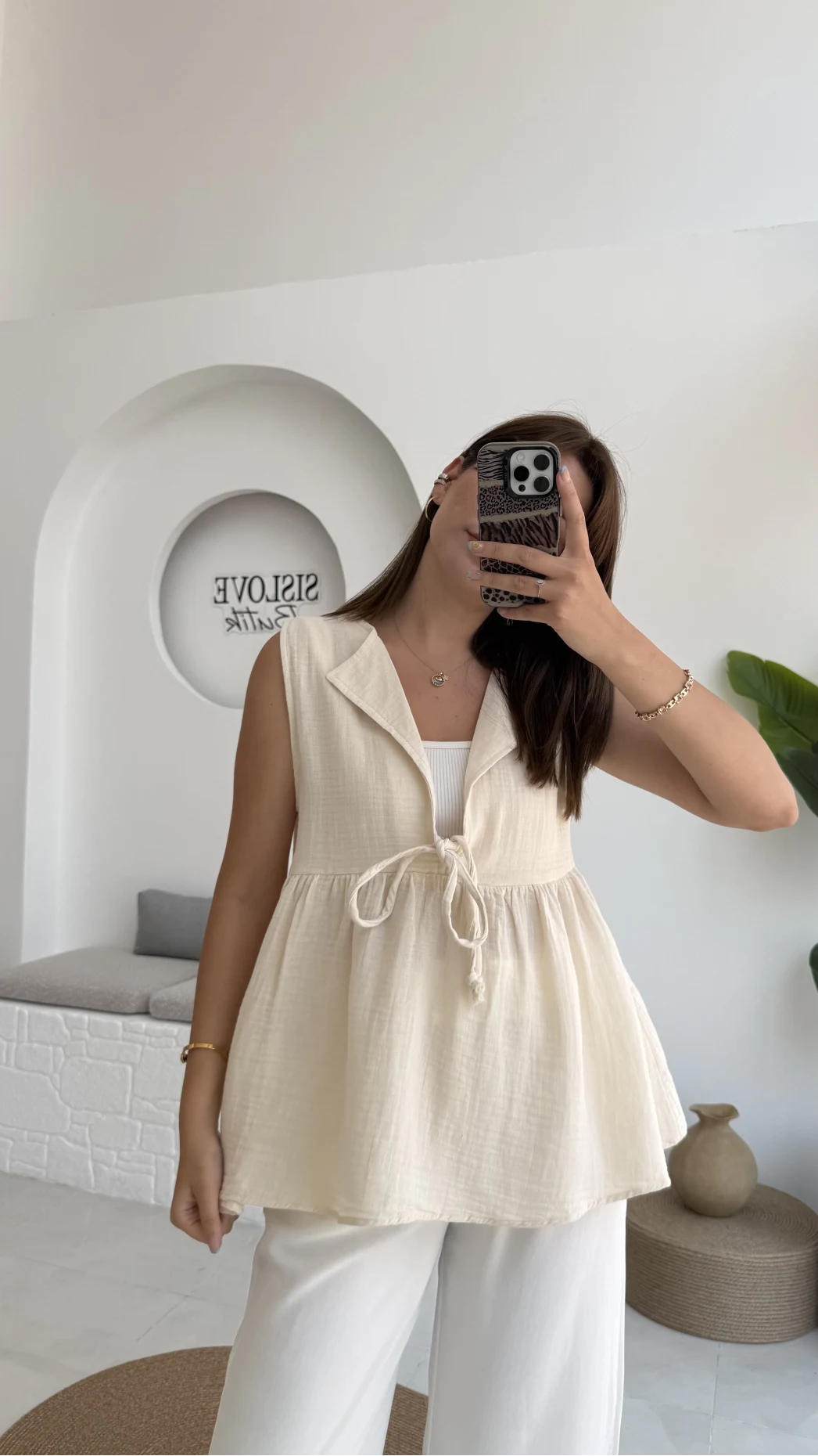 V Yaka Bağcıklı Bluz-1012-Taş