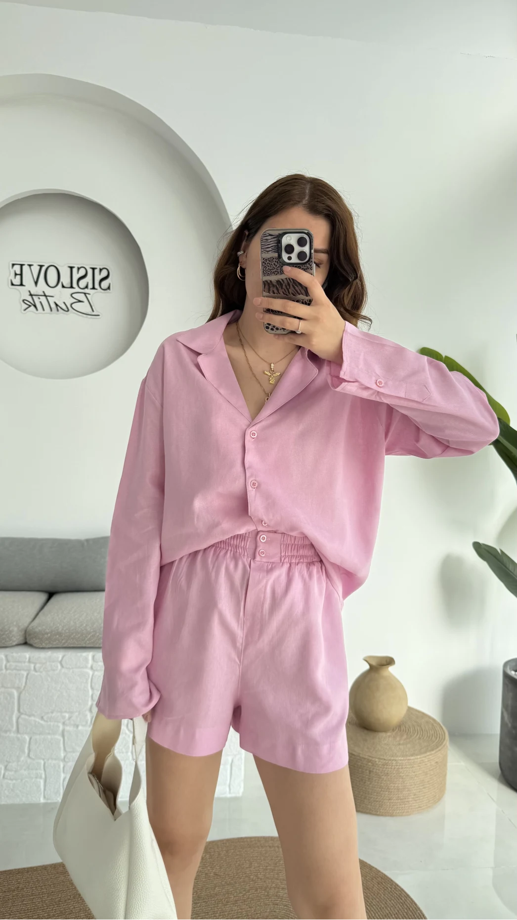 V Yaka Keten Şort Gömlek Takım Pembe