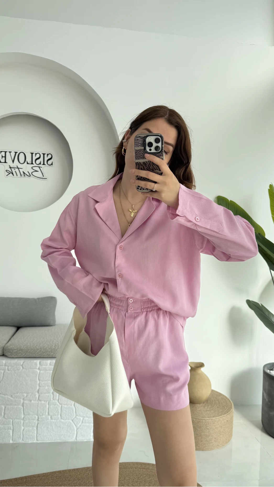 V Yaka Keten Şort Gömlek Takım Pembe