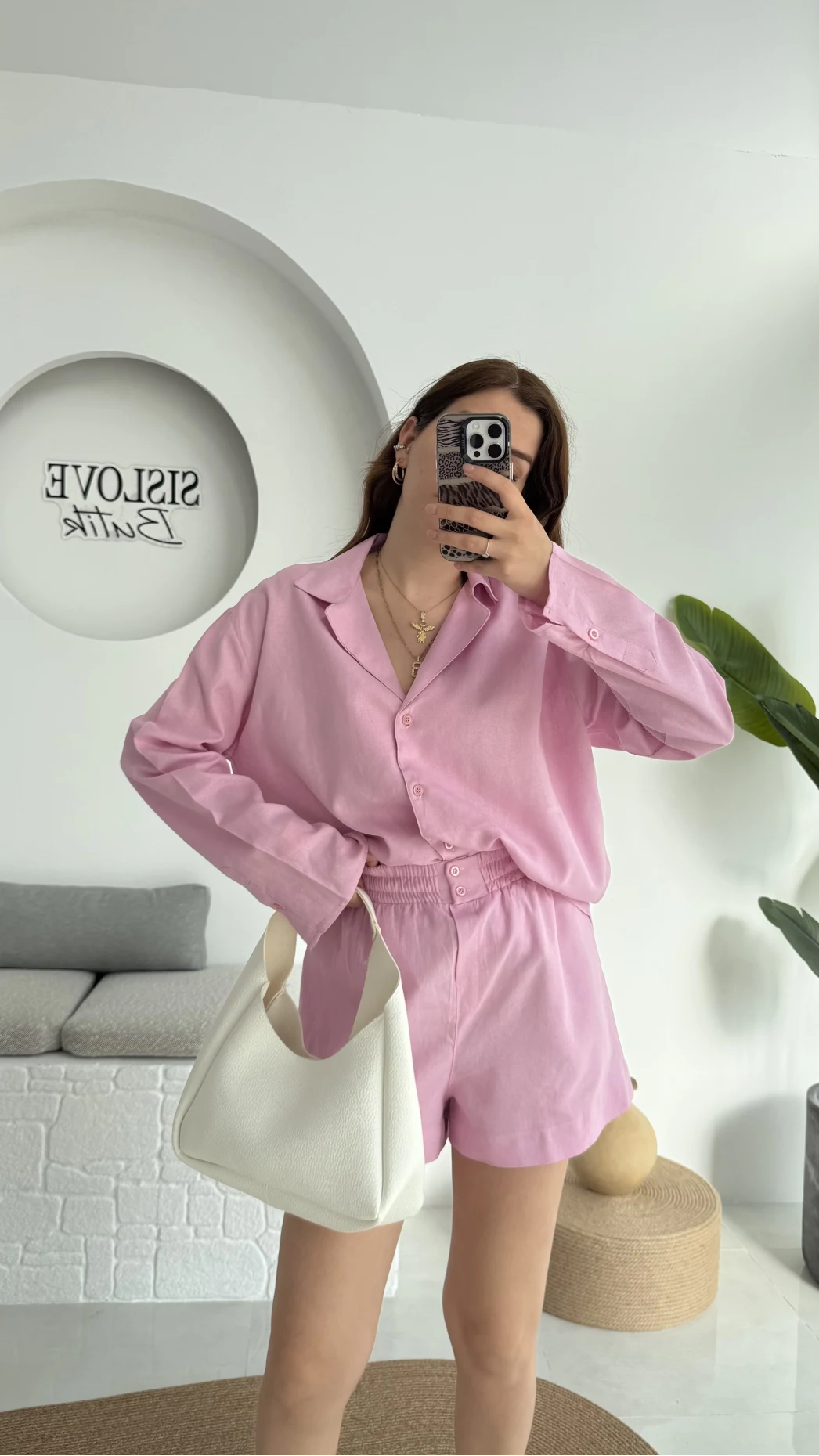 V Yaka Keten Şort Gömlek Takım Pembe