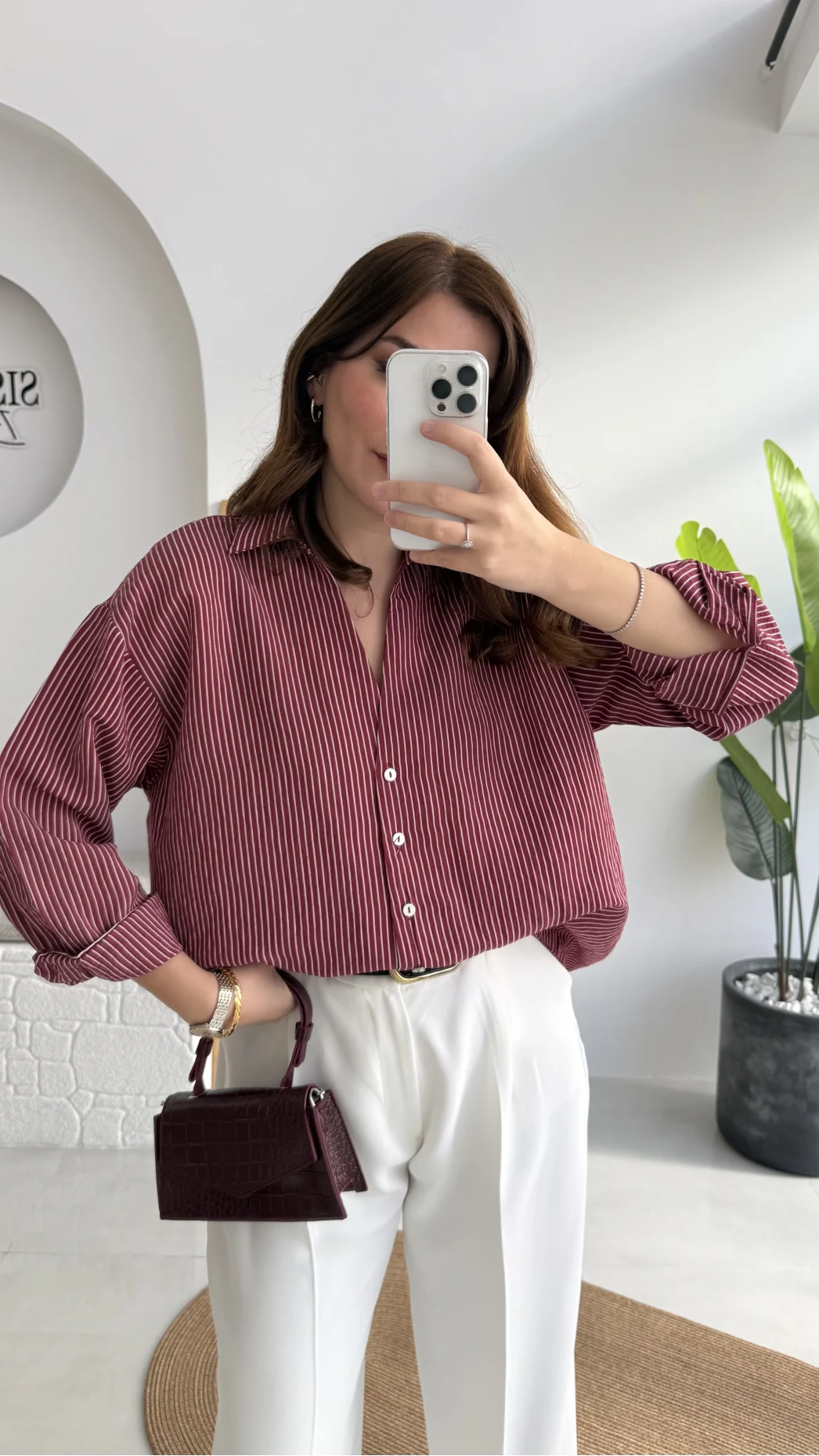 V Yaka Oversize Çizgili Gömlek - Bordo - Kod: 4906