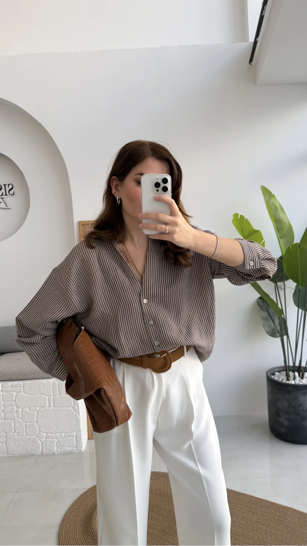 V Yaka Oversize Çizgili Gömlek - Kahve - Kod: 4906