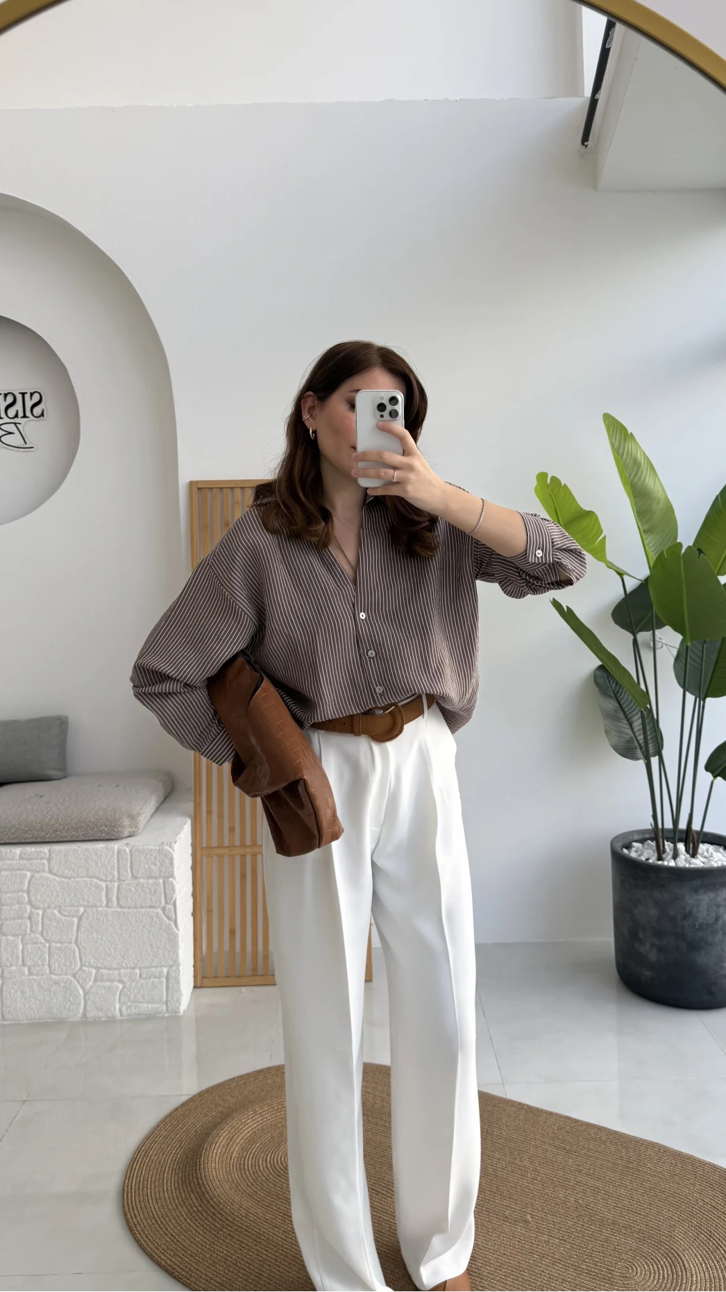 V Yaka Oversize Çizgili Gömlek - Kahve - Kod: 4906