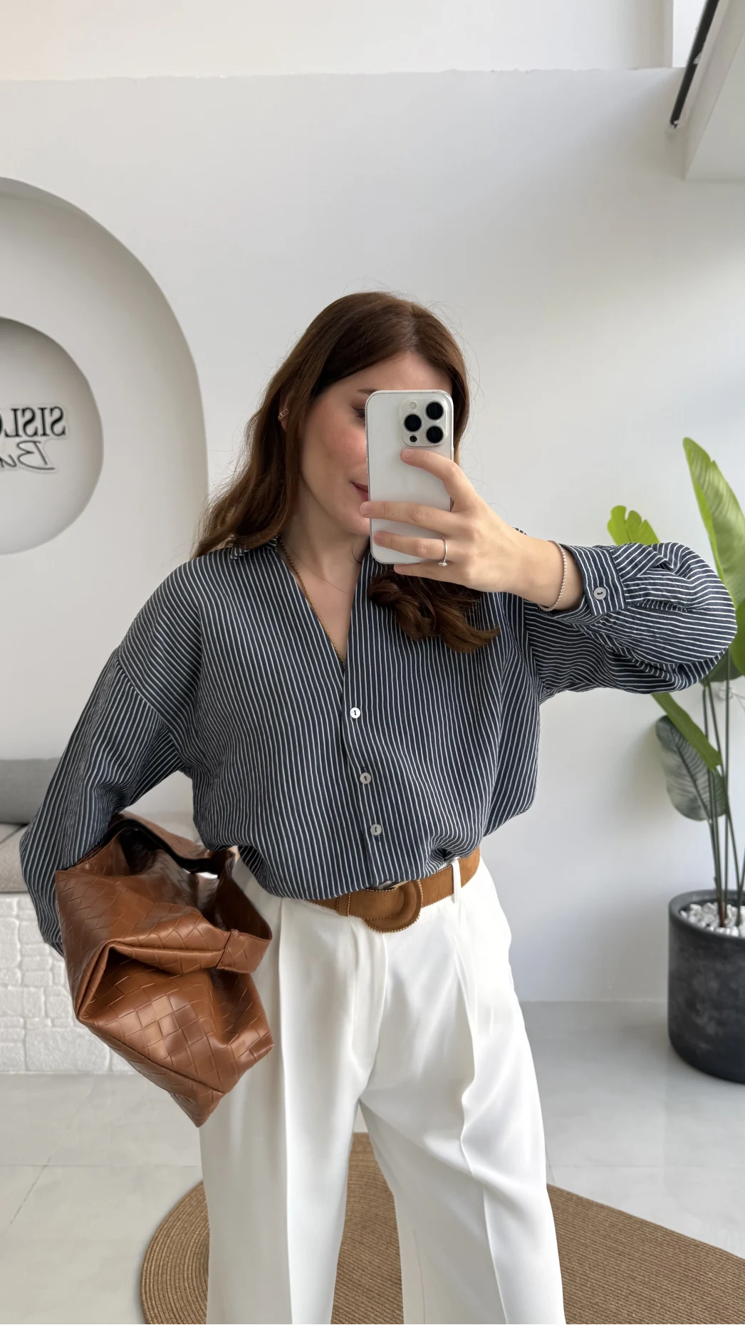 V Yaka Oversize Çizgili Gömlek - Lacivert - Kod: 4906