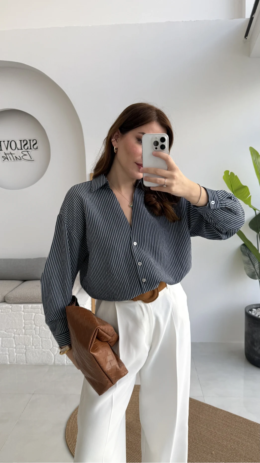 V Yaka Oversize Çizgili Gömlek - Lacivert - Kod: 4906