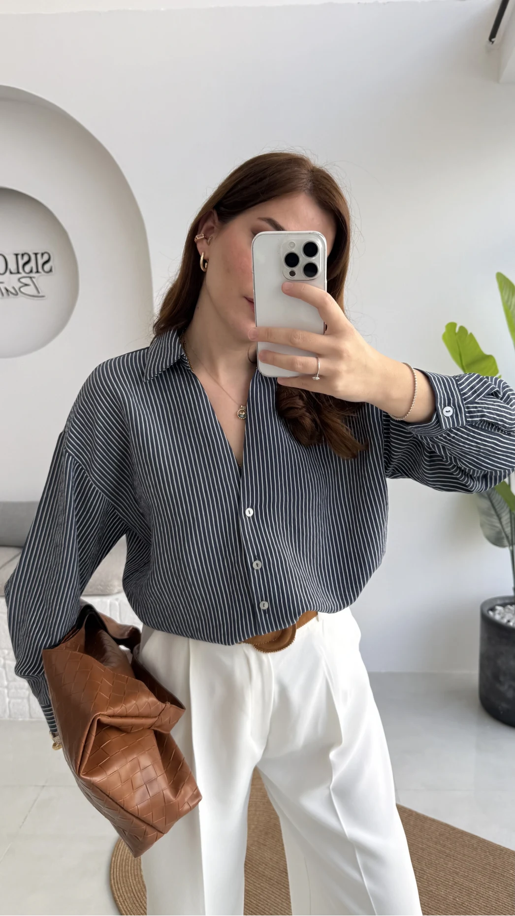 V Yaka Oversize Çizgili Gömlek - Lacivert - Kod: 4906