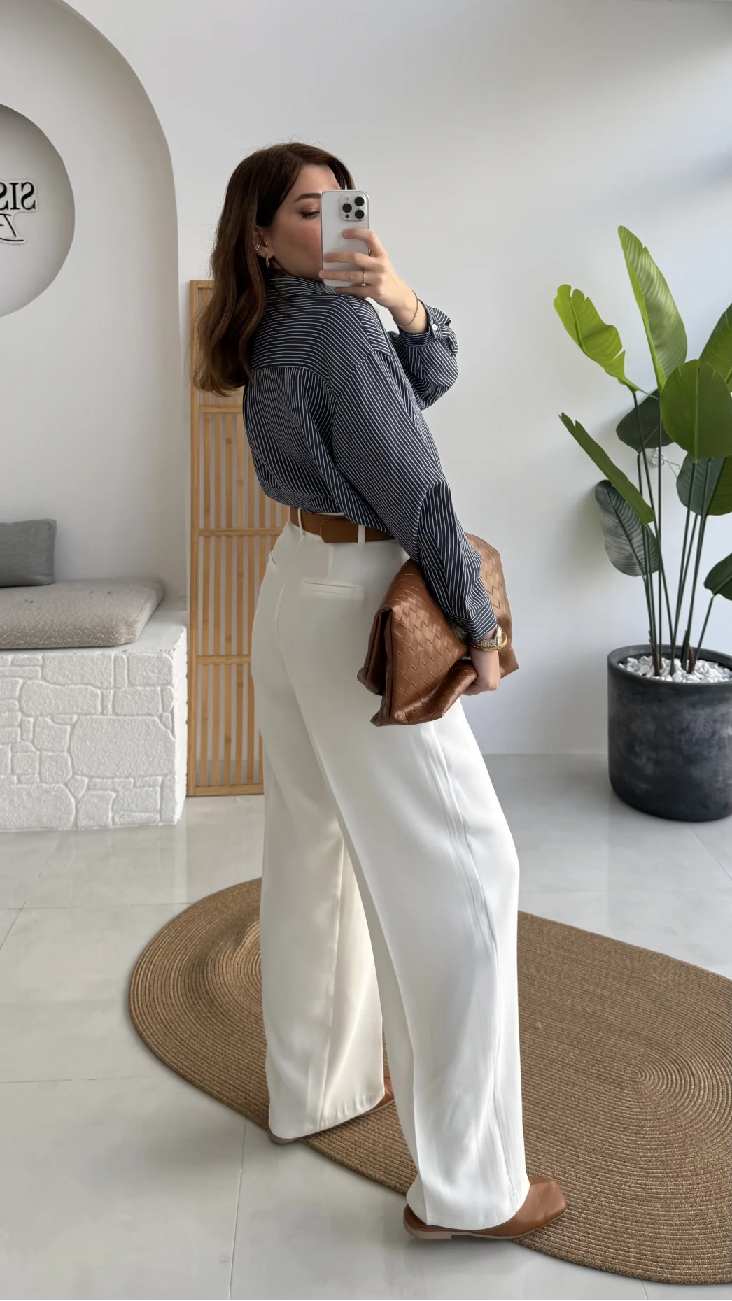 V Yaka Oversize Çizgili Gömlek - Lacivert - Kod: 4906