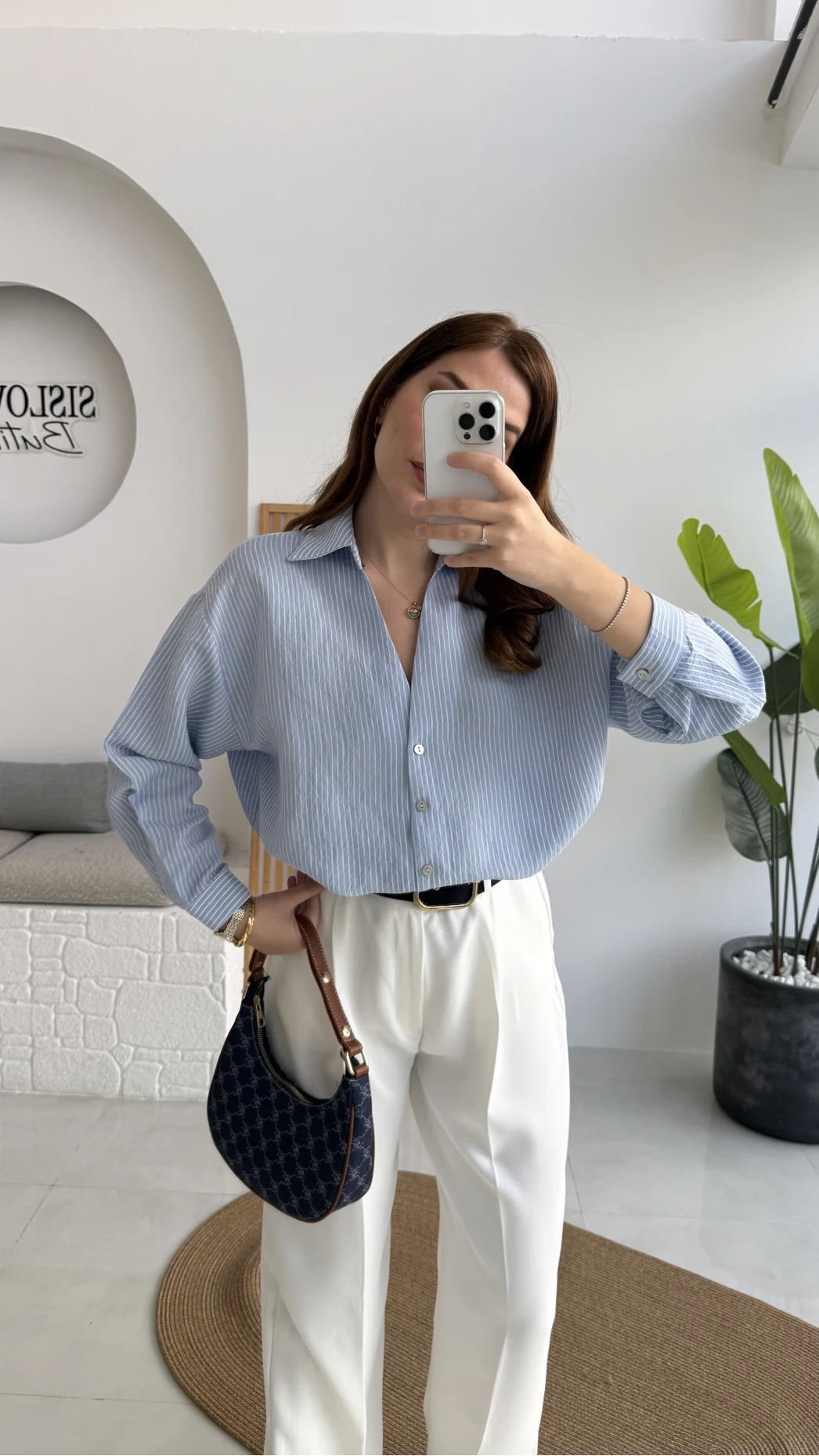 V Yaka Oversize Çizgili Gömlek - Mavi - Kod: 4906