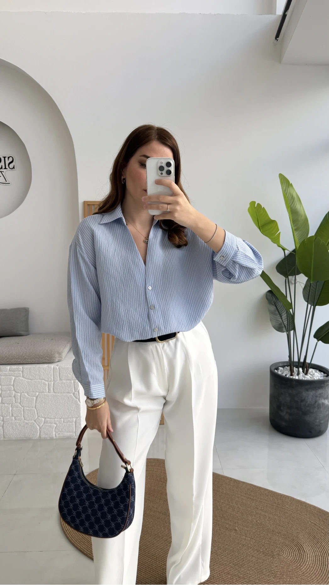 V Yaka Oversize Çizgili Gömlek - Mavi - Kod: 4906