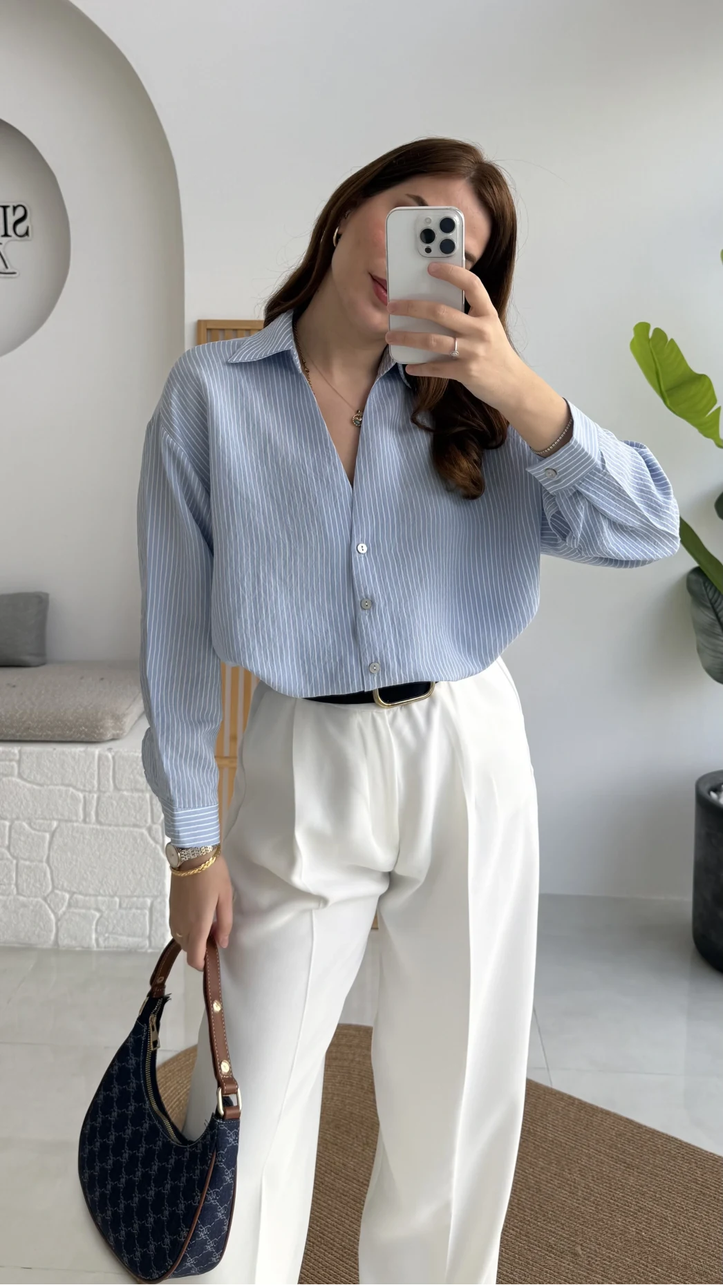 V Yaka Oversize Çizgili Gömlek - Mavi - Kod: 4906