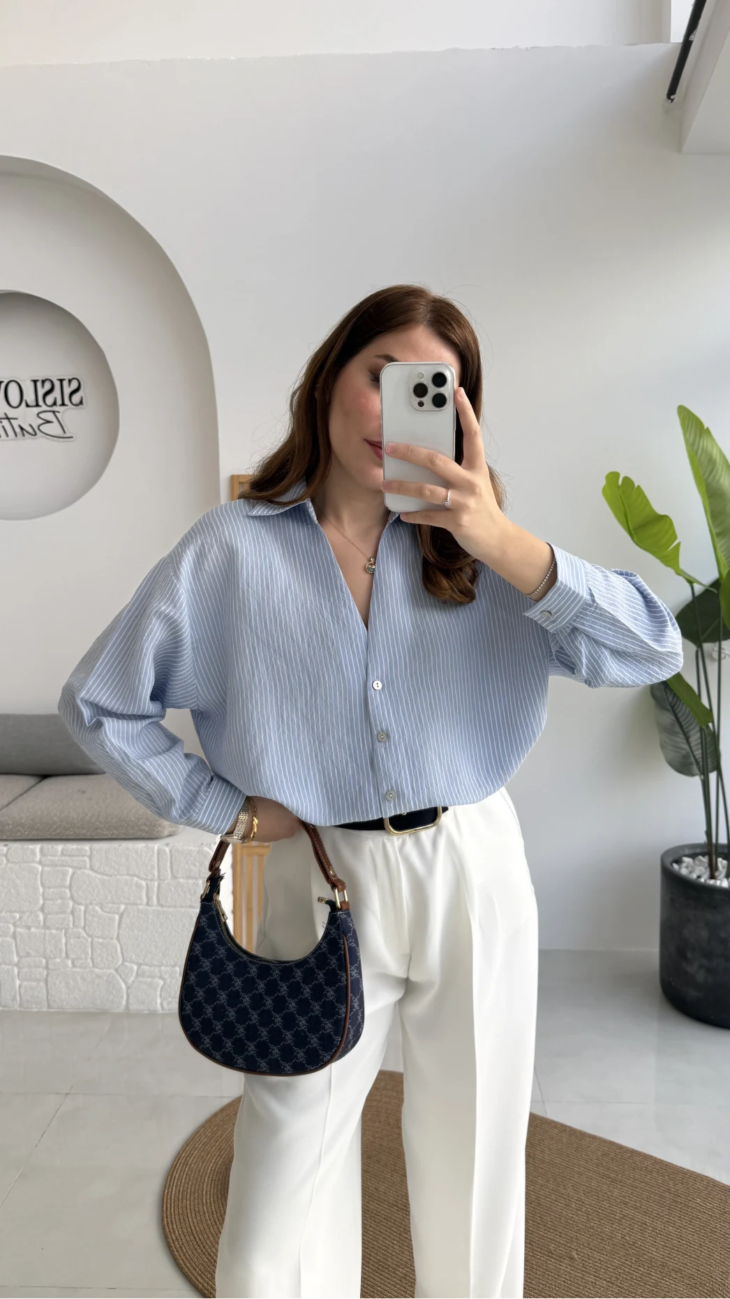 V Yaka Oversize Çizgili Gömlek - Mavi - Kod: 4906