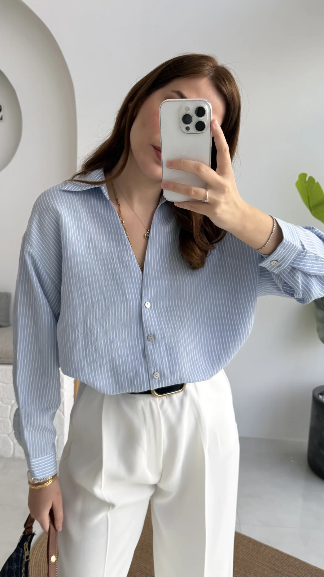 V Yaka Oversize Çizgili Gömlek - Mavi - Kod: 4906