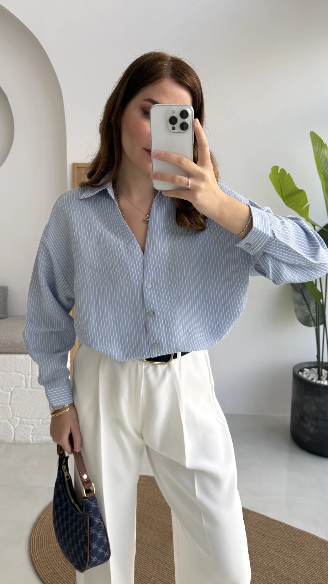 V Yaka Oversize Çizgili Gömlek - Mavi - Kod: 4906