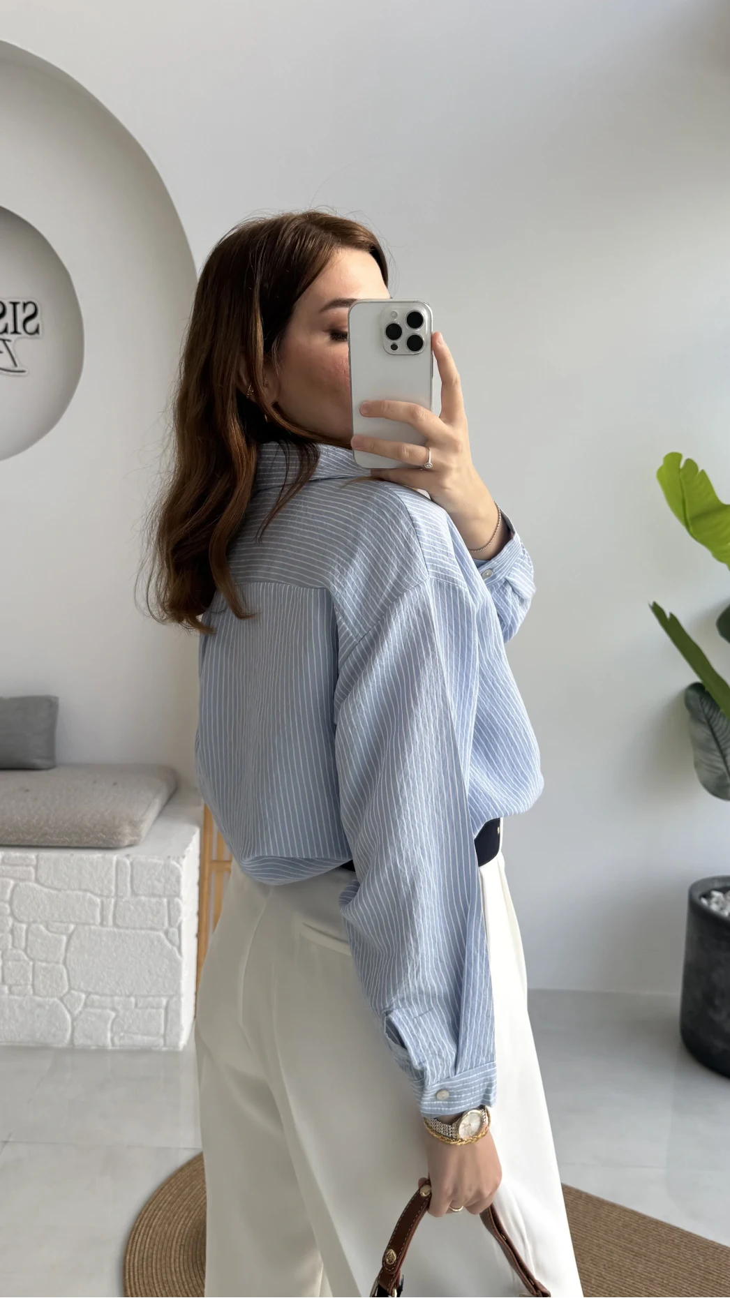 V Yaka Oversize Çizgili Gömlek - Mavi - Kod: 4906