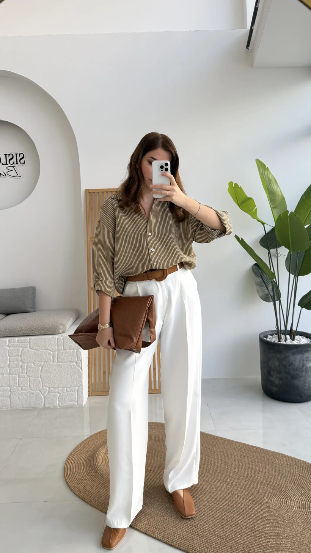 V Yaka Oversize Çizgili Gömlek - Olive - Kod: 4906