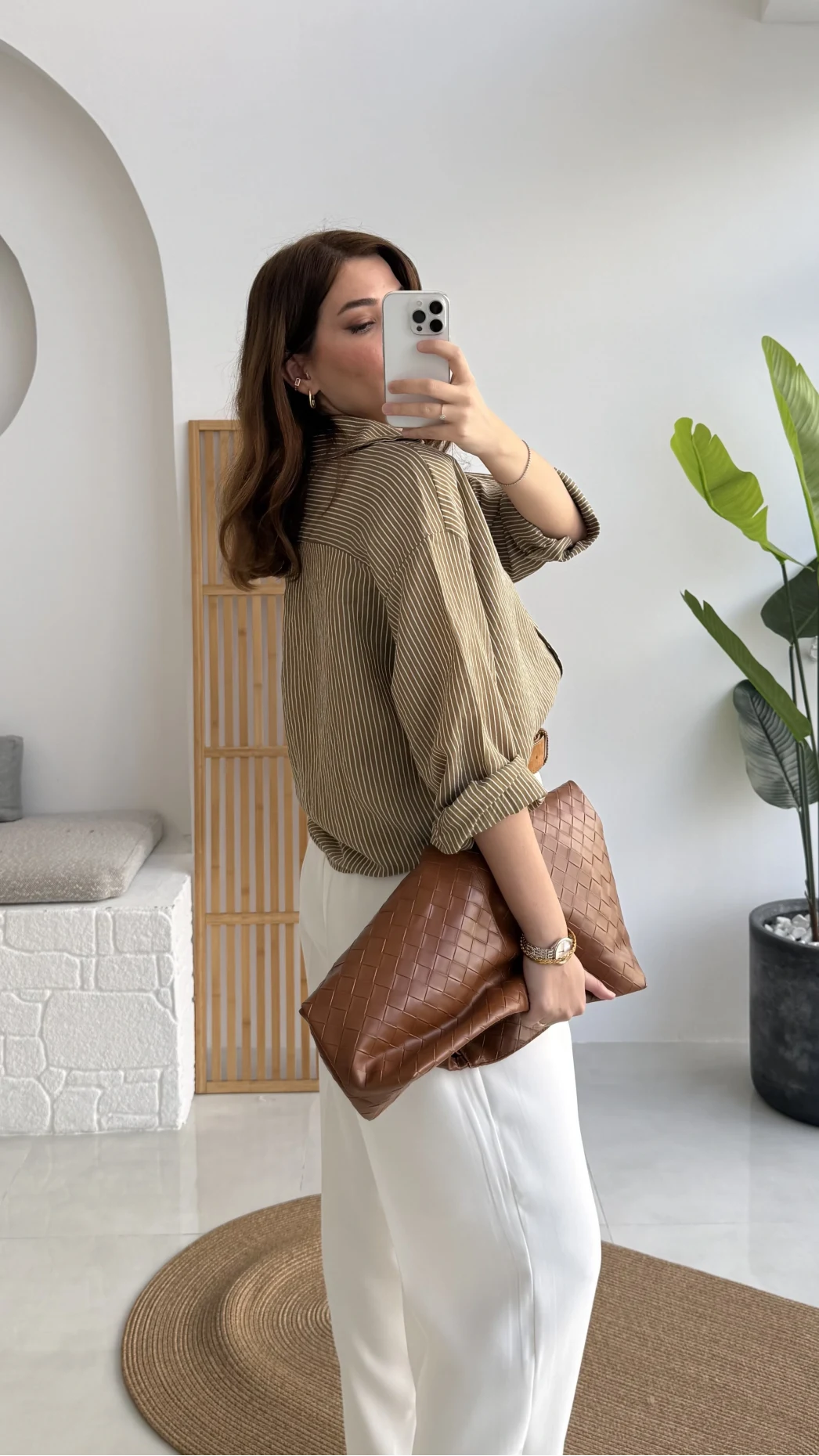 V Yaka Oversize Çizgili Gömlek - Olive - Kod: 4906