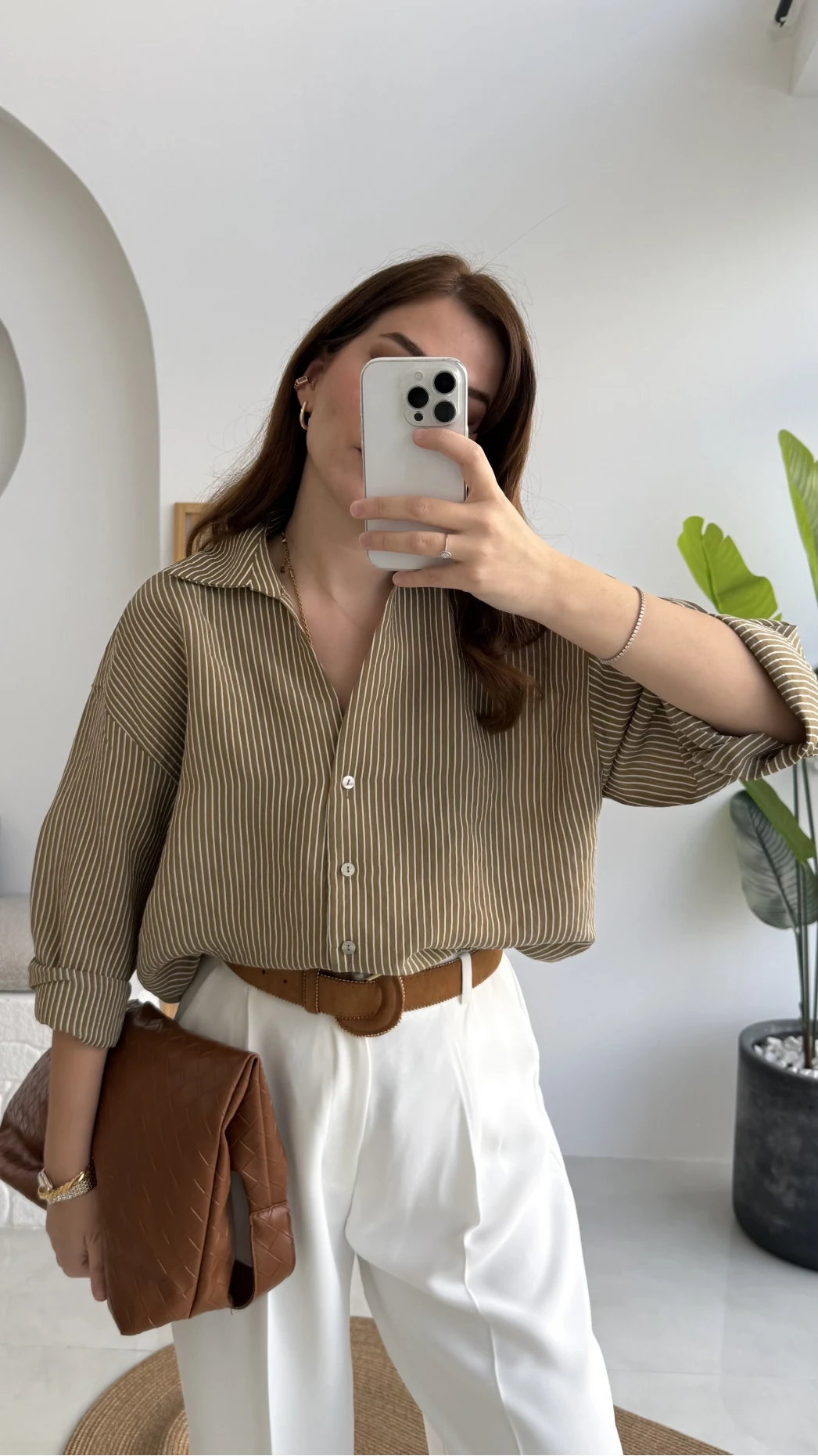 V Yaka Oversize Çizgili Gömlek - Olive - Kod: 4906