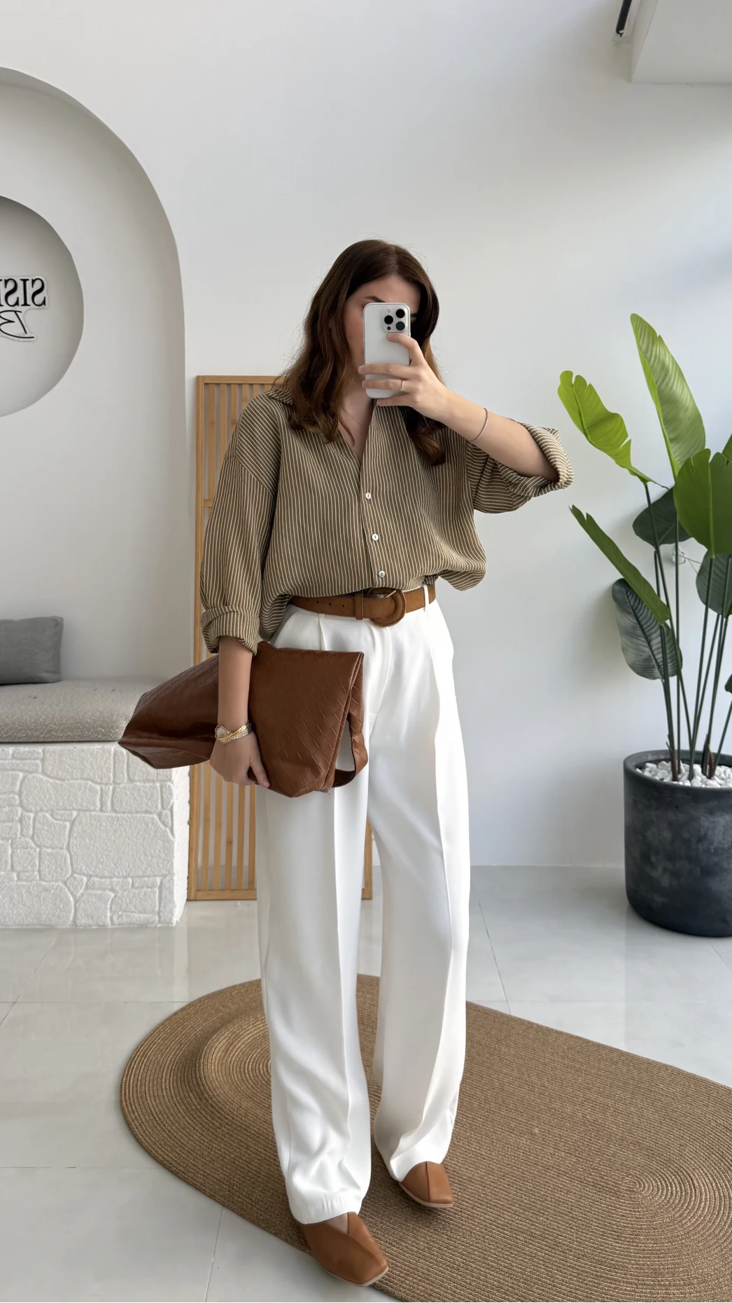 V Yaka Oversize Çizgili Gömlek - Olive - Kod: 4906