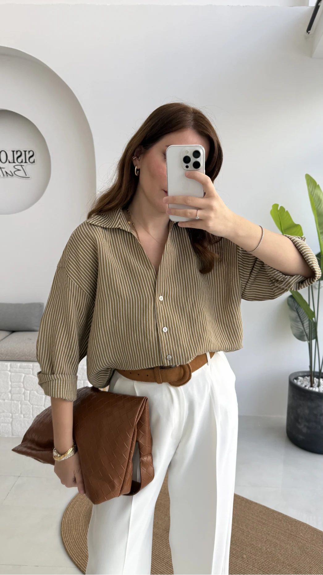 V Yaka Oversize Çizgili Gömlek - Olive - Kod: 4906