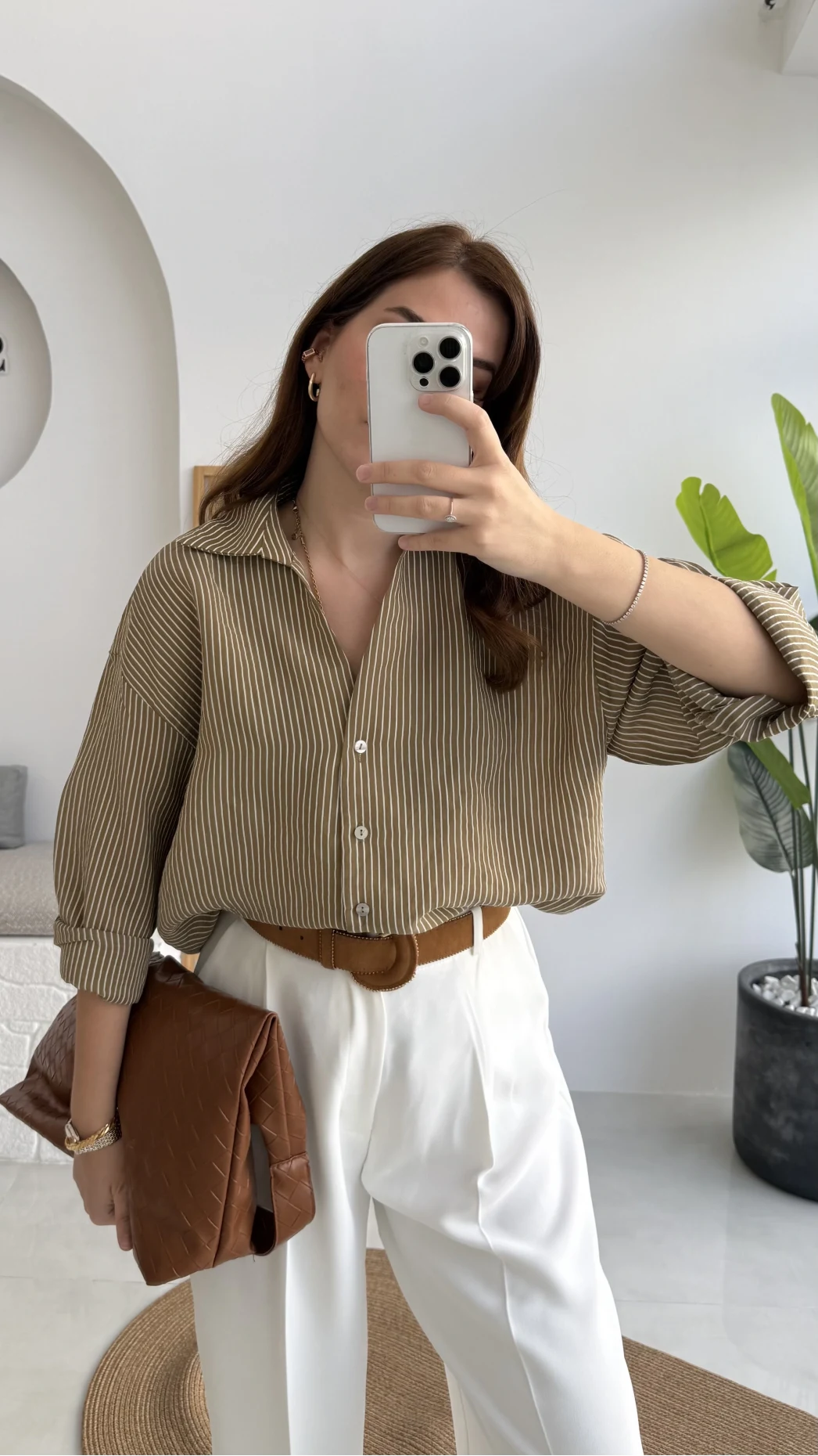 V Yaka Oversize Çizgili Gömlek - Olive - Kod: 4906