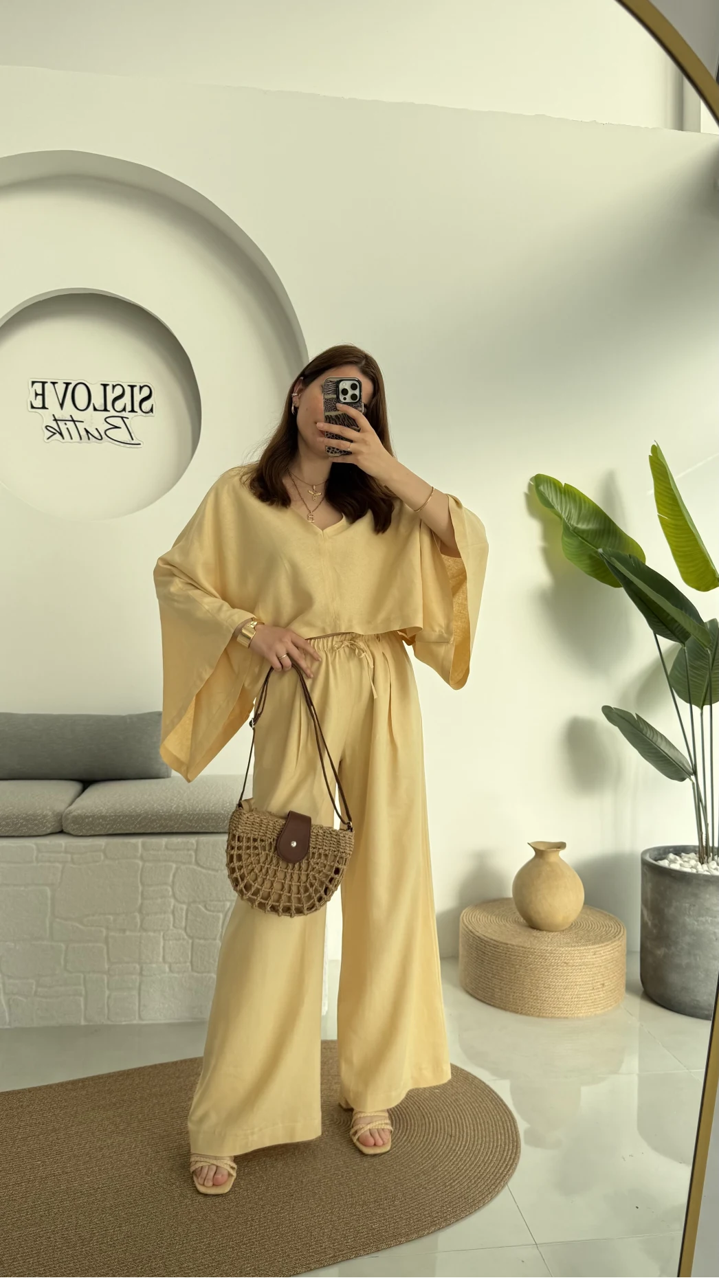 V Yaka Yarasa Kol Keten Takım Kavun Rengi