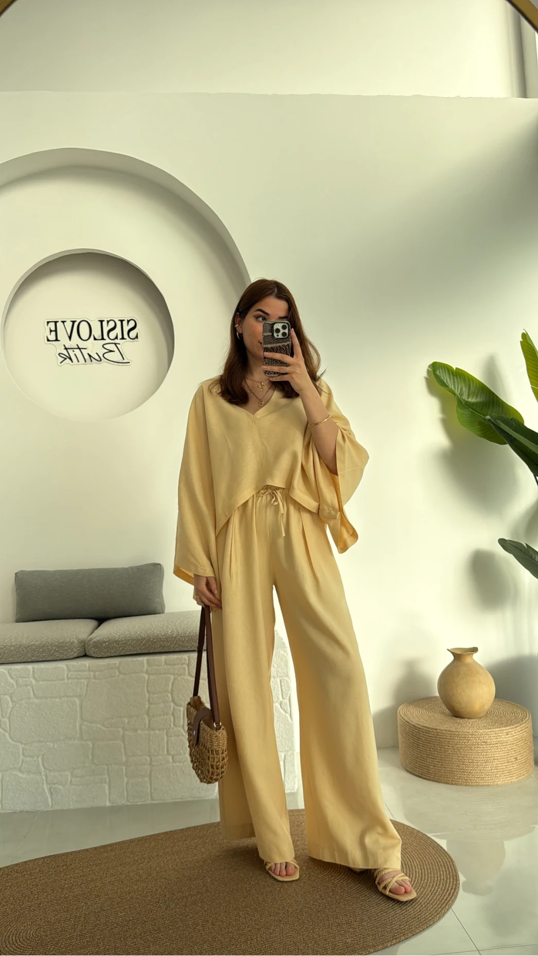 V Yaka Yarasa Kol Keten Takım Kavun Rengi