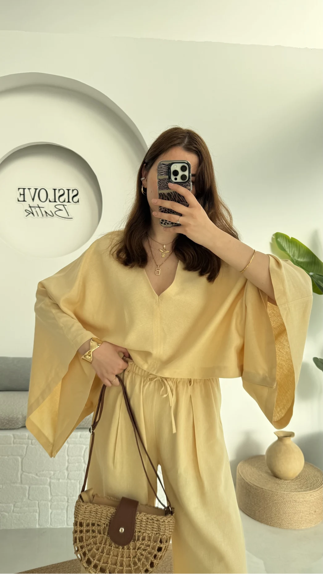 V Yaka Yarasa Kol Keten Takım Kavun Rengi