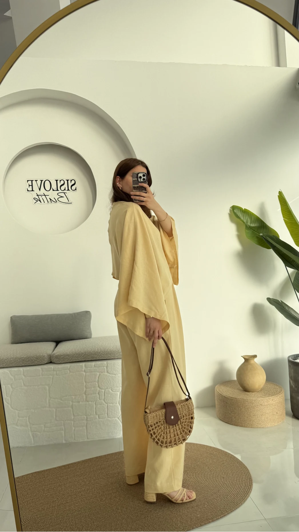 V Yaka Yarasa Kol Keten Takım Kavun Rengi