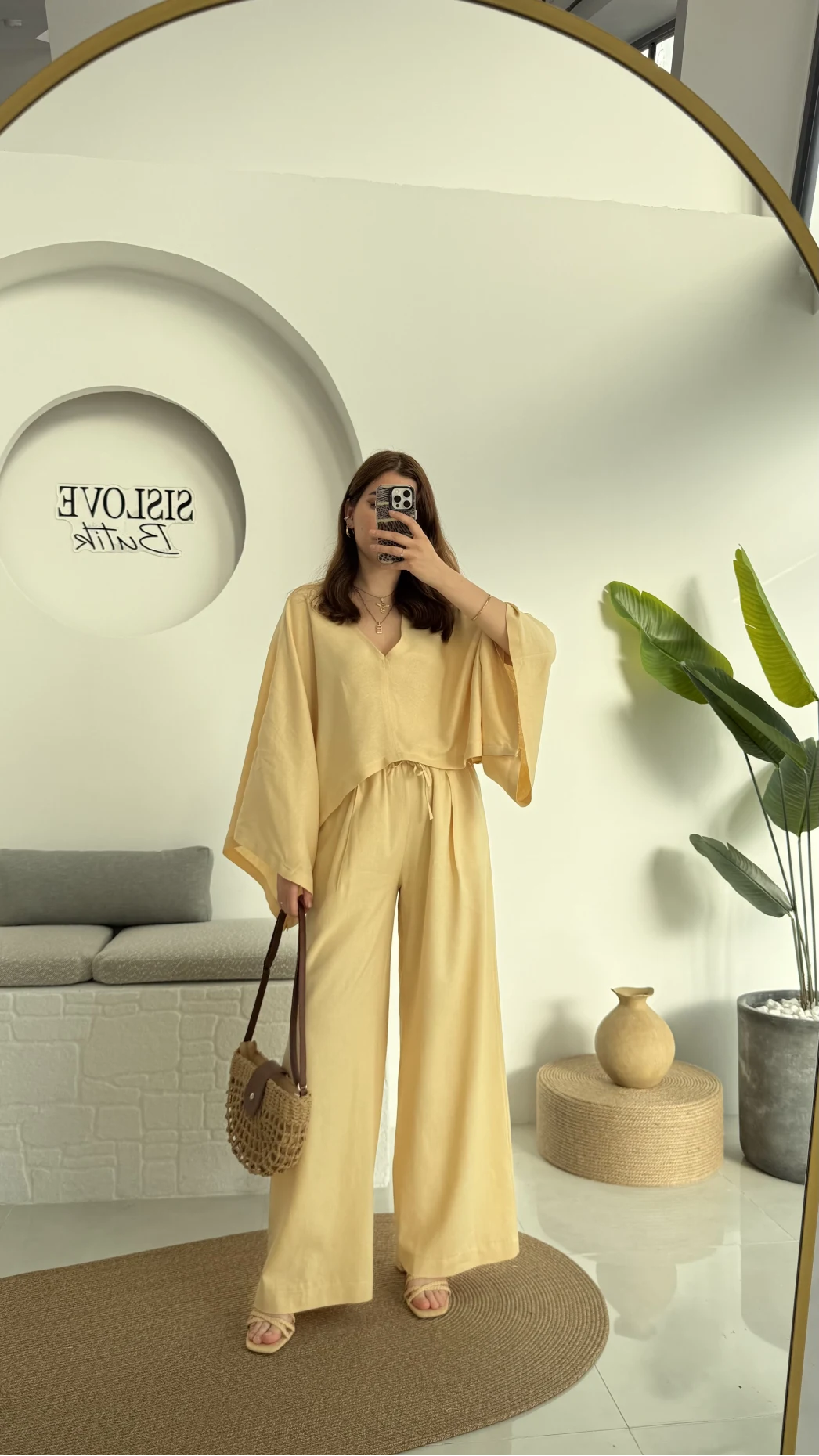 V Yaka Yarasa Kol Keten Takım Kavun Rengi