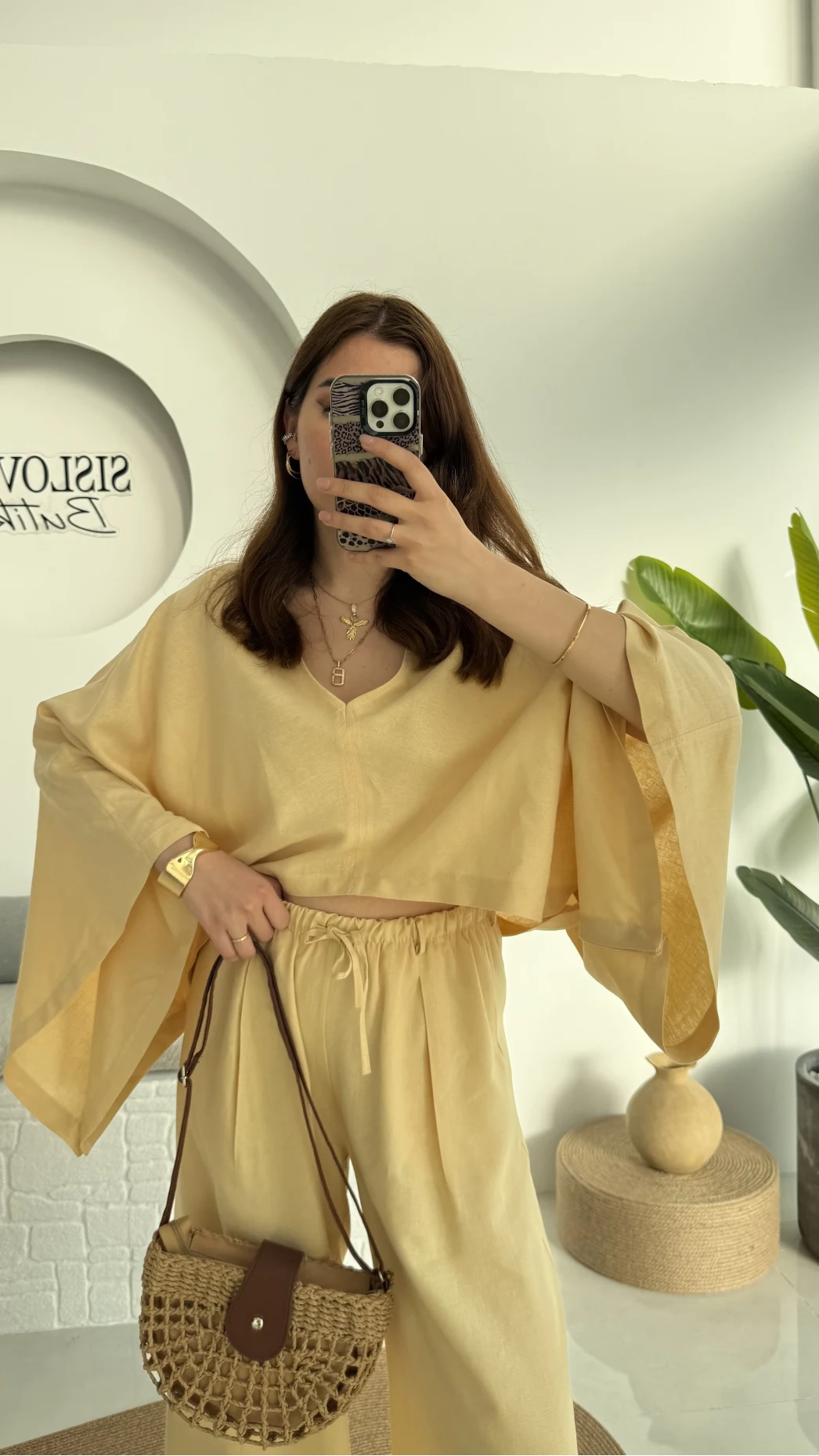 V Yaka Yarasa Kol Keten Takım Kavun Rengi