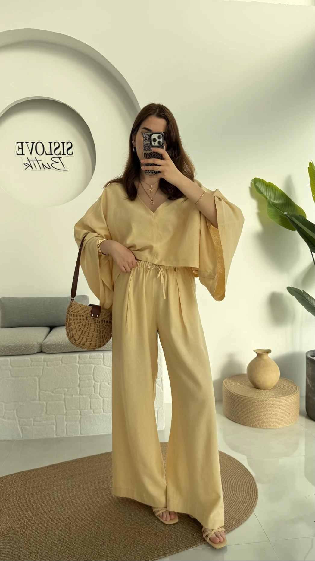 V Yaka Yarasa Kol Keten Takım Kavun Rengi