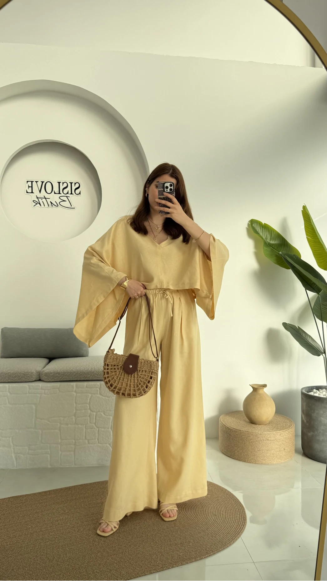 V Yaka Yarasa Kol Keten Takım Kavun Rengi