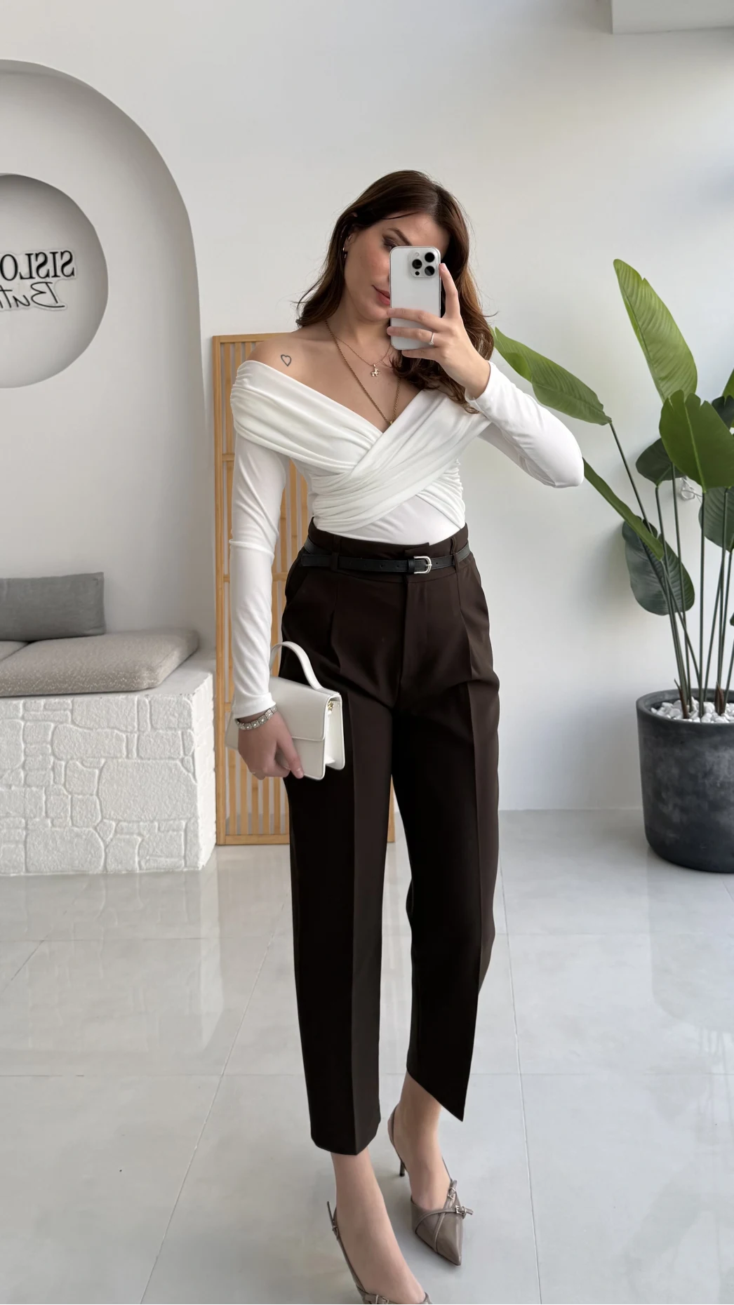 Valentina Dar Paça Kemerli Pantolon - Acı Kahve - Kod: 3790