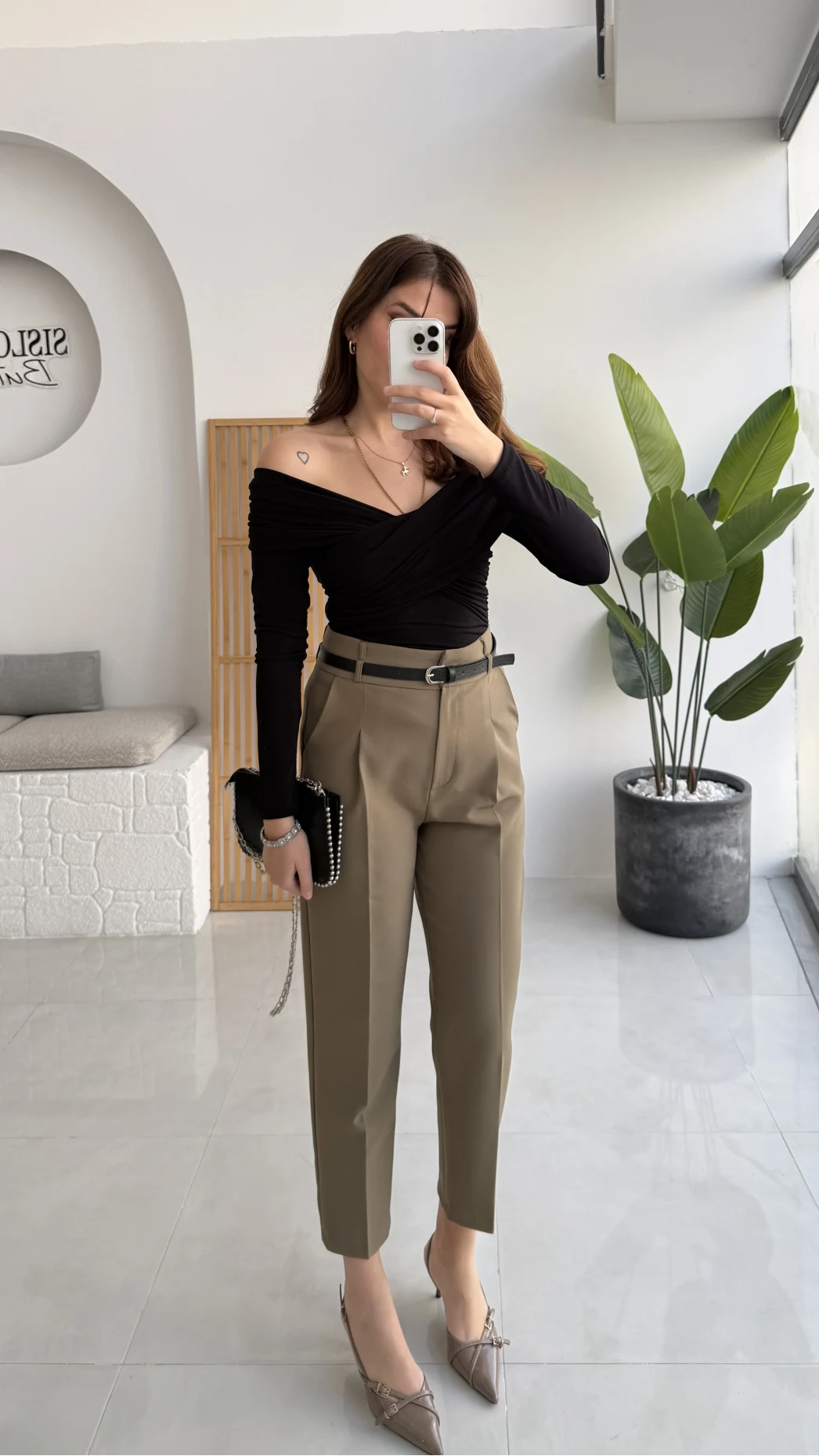 Valentina Dar Paça Kemerli Pantolon - Haki - Kod: 3790