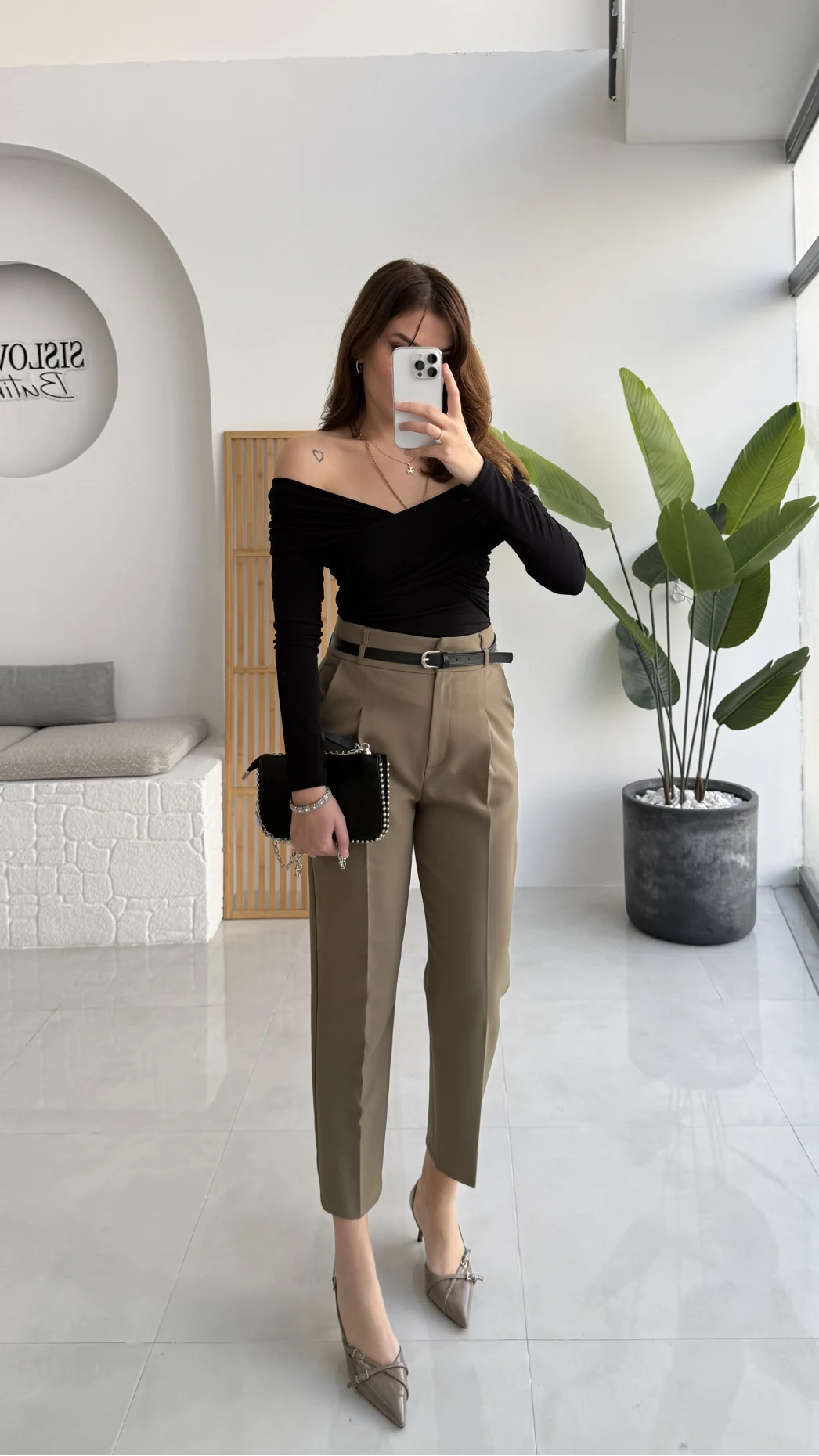 Valentina Dar Paça Kemerli Pantolon - Haki - Kod: 3790