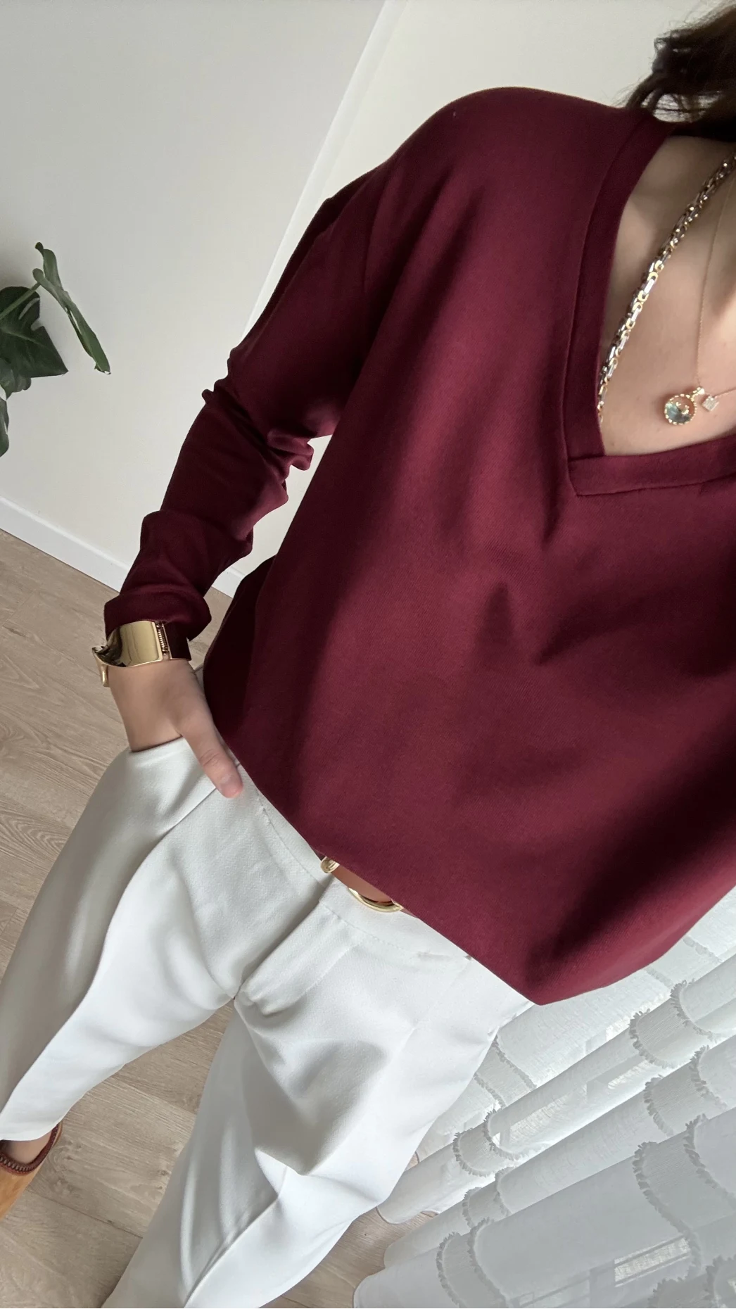 Valerie V Yaka Esnek Likralı Bluz Bordo