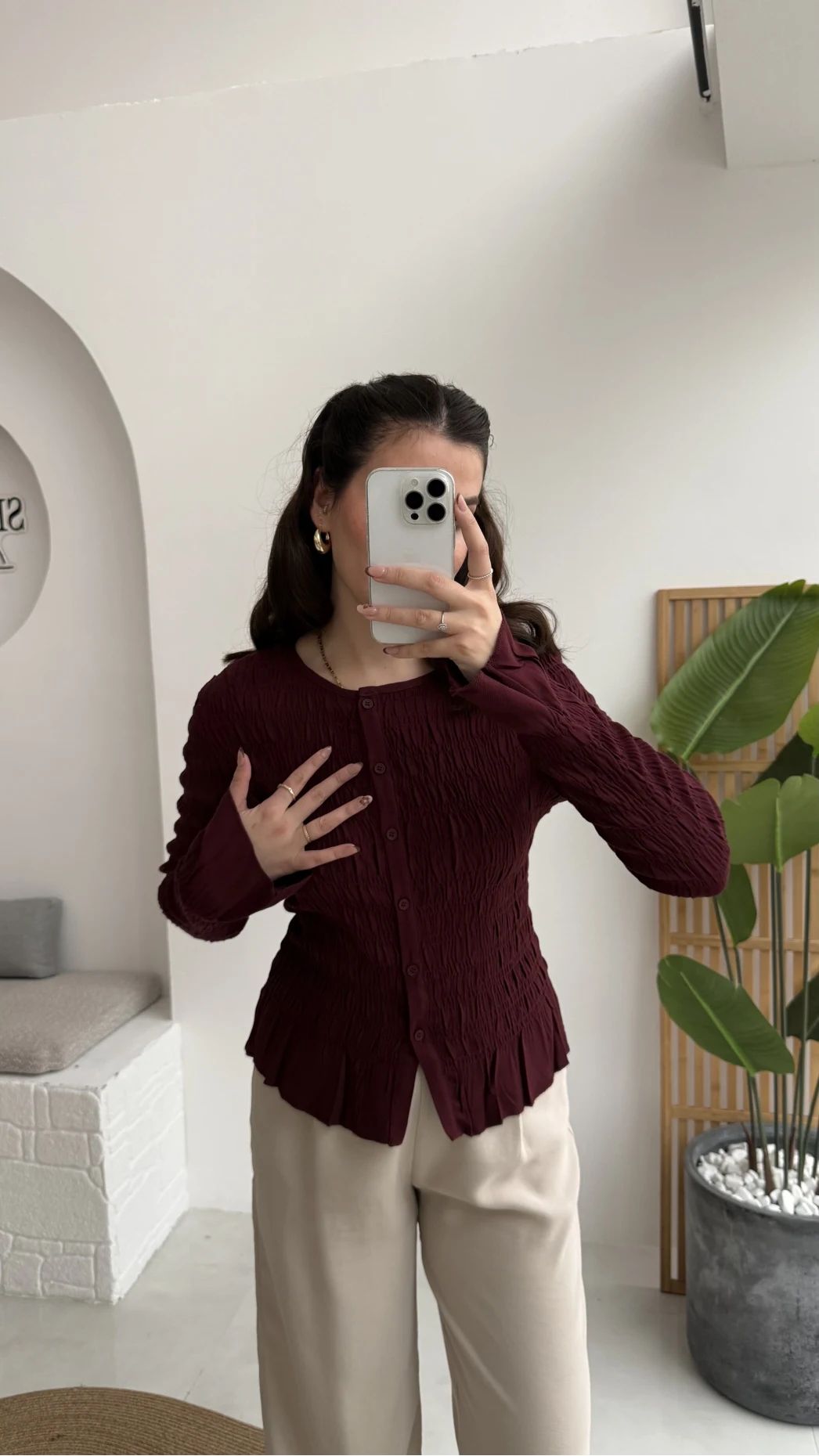 Vanessa Büzgülü Gömlek - Bordo - Kod: 50926